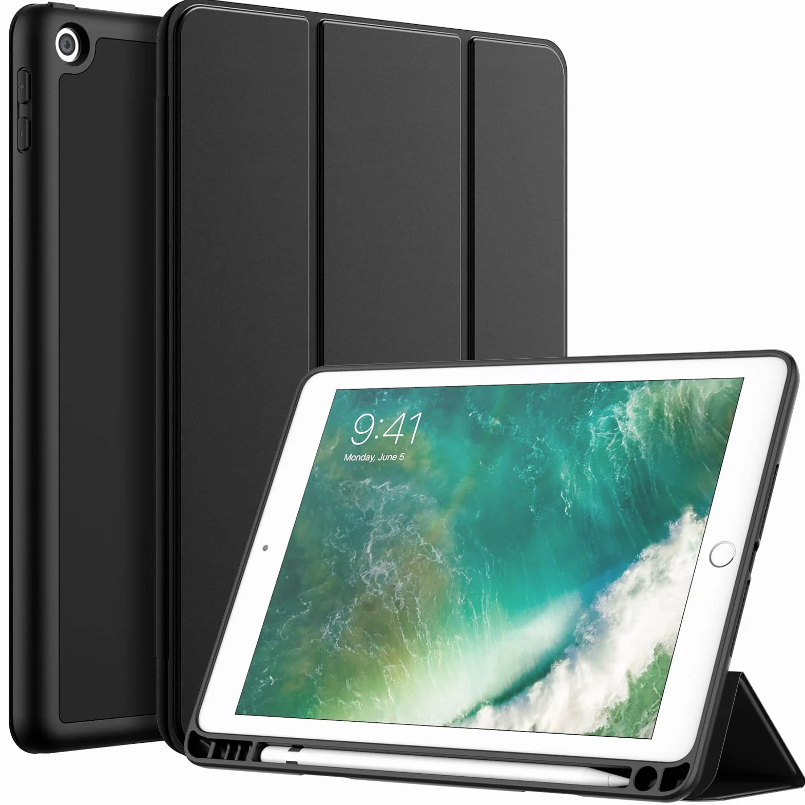 JETech Etui dla iPad 9,7 Cala (6./5. Generacji, 2018/2017) z Uchwytem na Długopis, Szczupły Pokrowiec na Tablet z Miękki Tył z TPU, Automatycznie Budzi/Spać (Czarny)