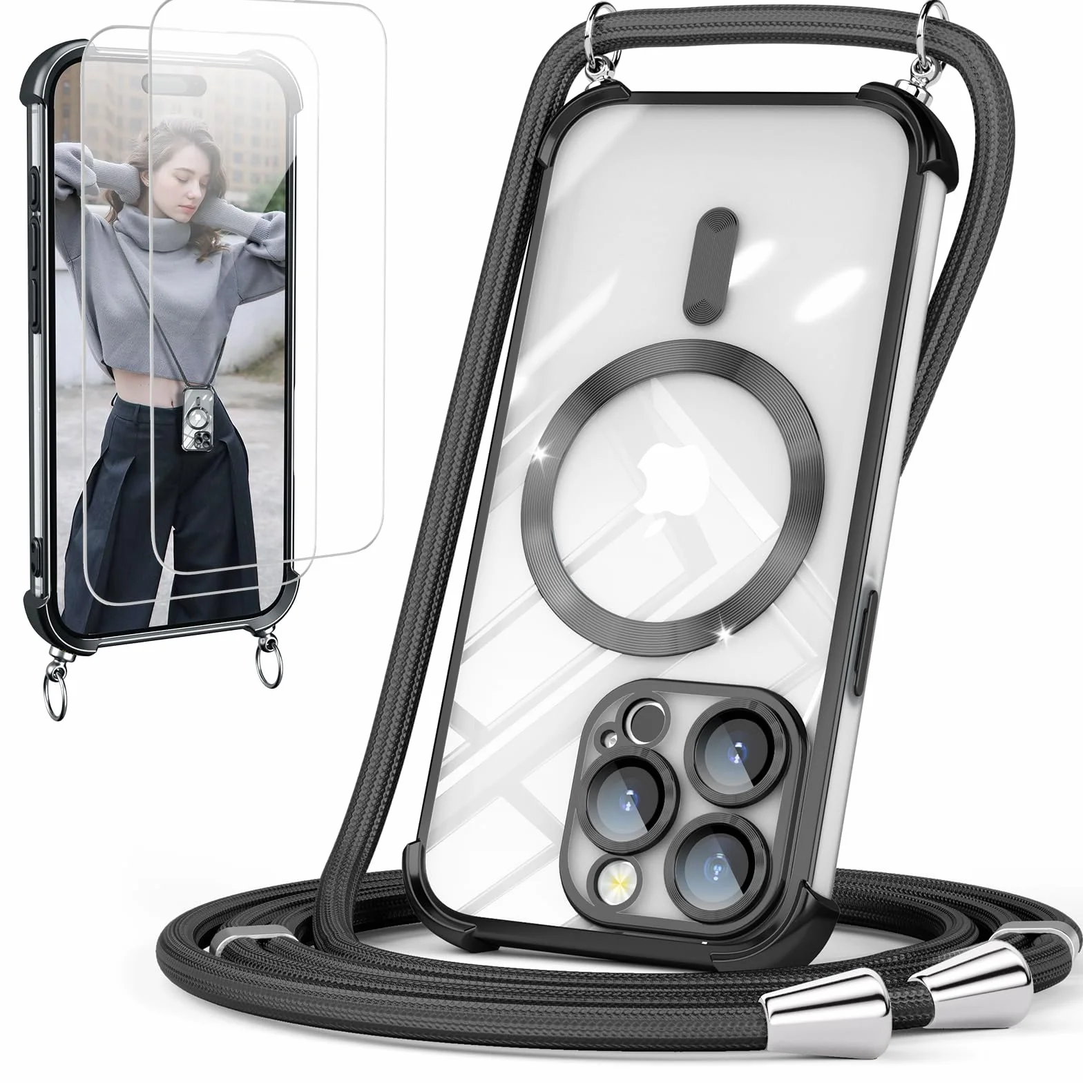 GOODVISH Etui na telefon komórkowy iPhone 14 Pro Max, z 2 sztukami folii ochronnej, etui na telefon komórkowy z łańcuszkiem do 14 Pro Max 6,7", magnetyczne, przezroczyste, delikatne etui, ochrona 360°