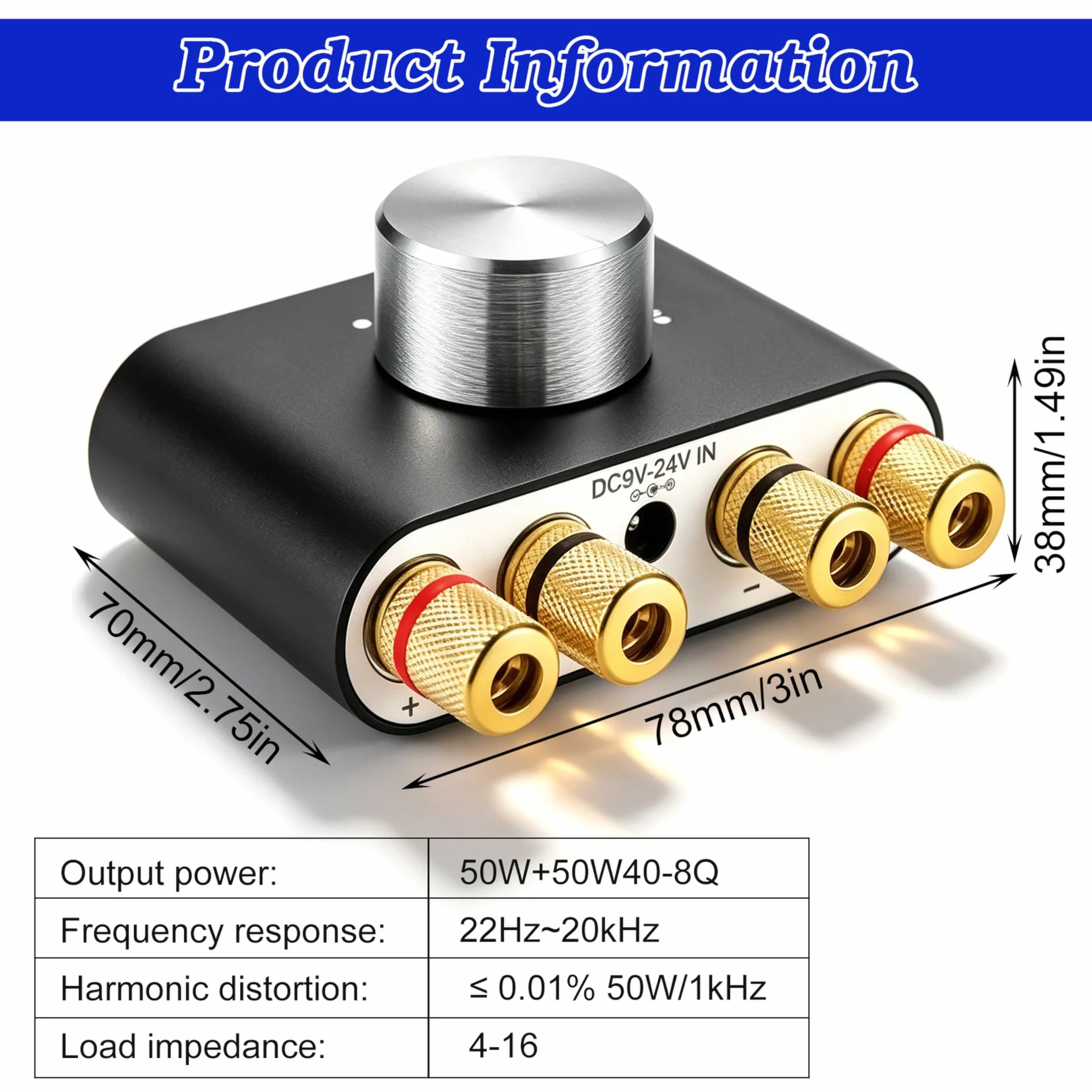 Mini wzmacniacz Bluetooth, 50W×2 HiFi stereofoniczny wzmacniacz, cyfrowy wzmacniacz mocy z zasilaczem do systemu audio do domu i biura, głośniki