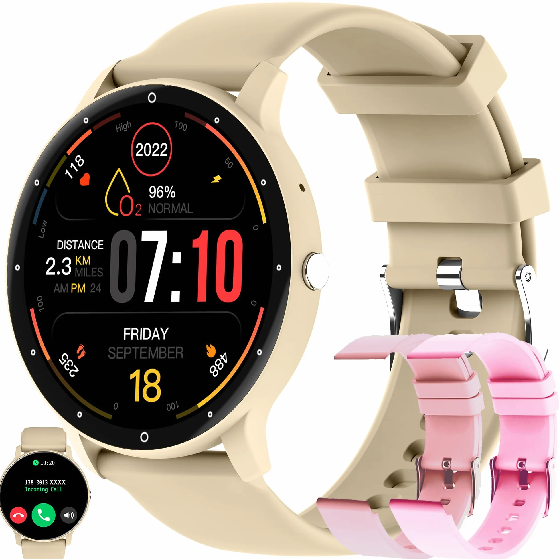Smartwatche Mężczyźni z Funkcje Telefonu Bluetooth, Sportowy Smartwatch 1,39 Cala ze 123 trybami Sportowymi, Pomiarem Tętna, Odtwarzaczem Muzycznym, Wodoodpornością 5AMT dla Android iOS (Złoto)