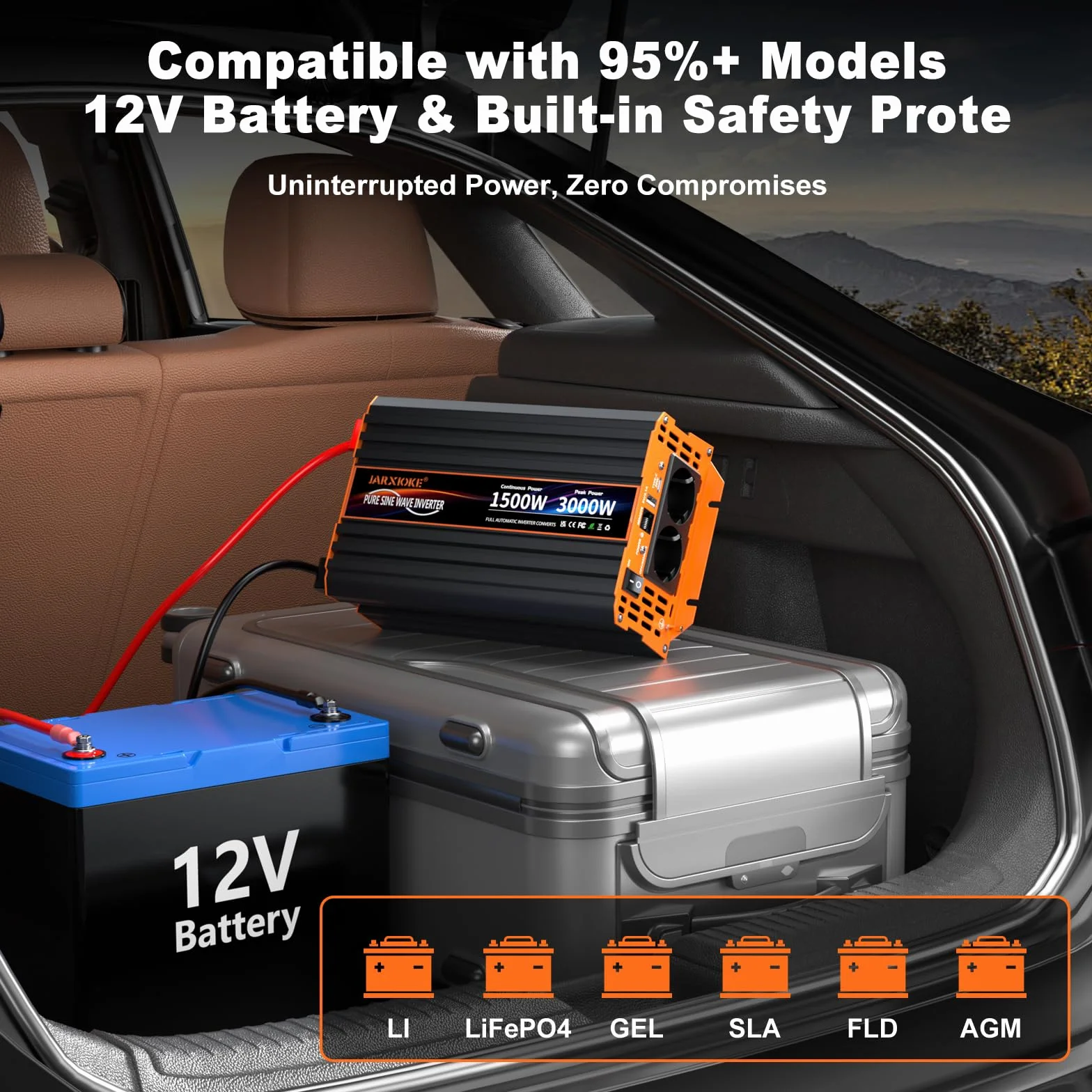 Falownik 12V na 230V 1500w Czysta Sinusoidalna Przetwornica Napięcia z Pilotem LCD, Portami USB, Portem typu C, 2 Gniazda AC do Solarnych,Pojazdów,Kamperów,Awarii Zasilania