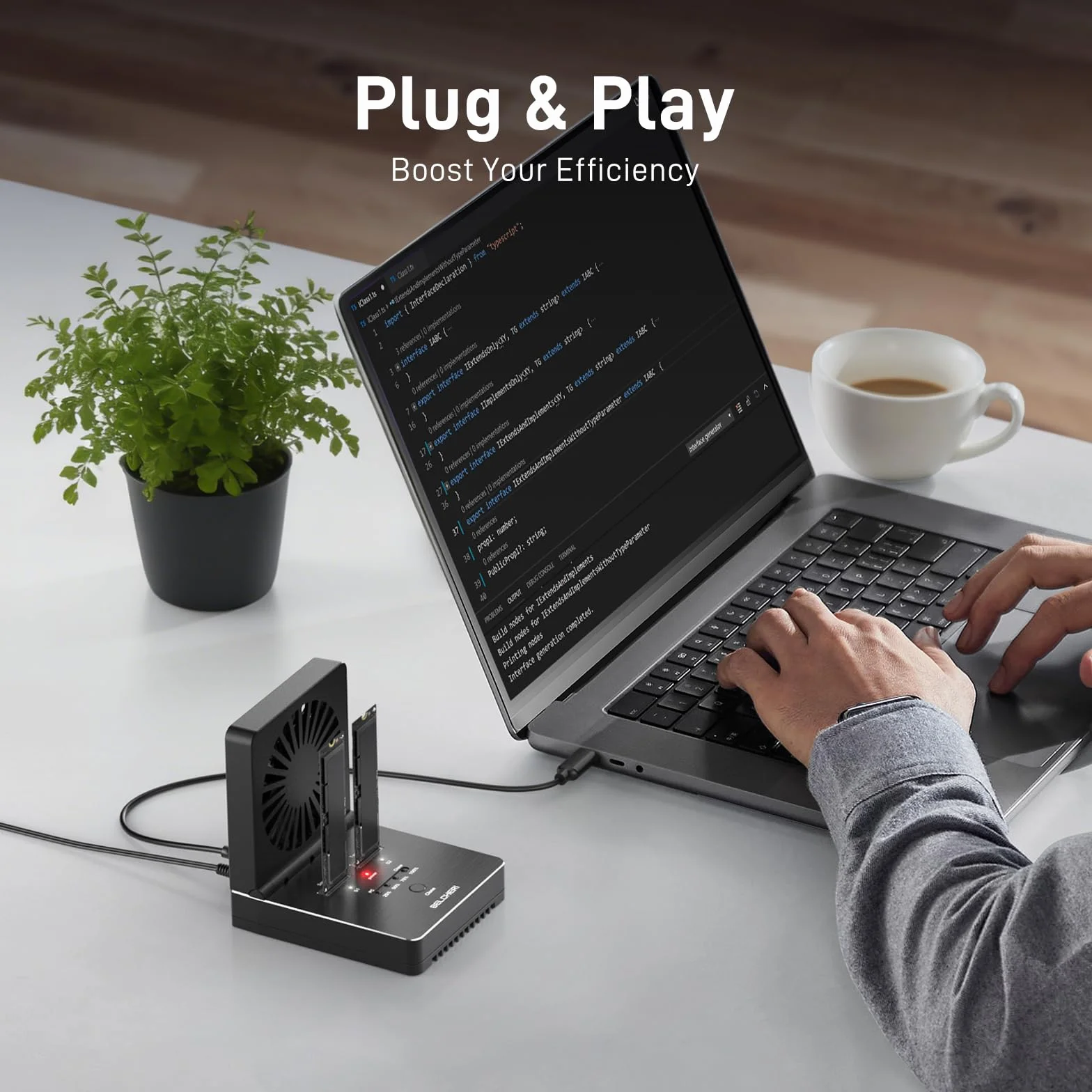 M.2 NVMe SATA SSD Cloner Dock, USB 3.2 Gen 2 20 Gbit/s, ze składanym wentylatorem chłodzącym, obsługuje klonowanie offline, UASP i Trim, aluminiowa konstrukcja