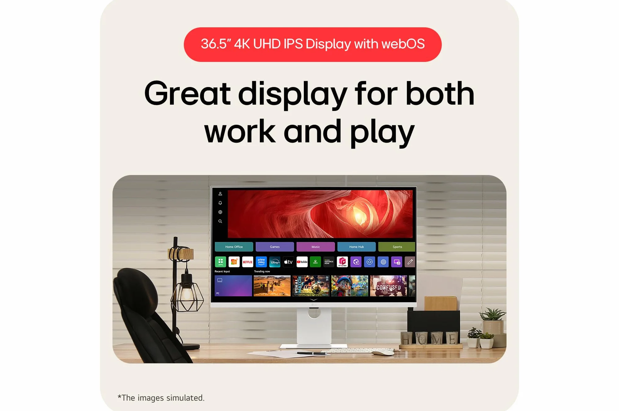 LG Inteligentny monitor 37U730SA-W, 4K UHD IPS 94.0 cm, 60Hz, 5ms GtG, HDR10, Wi-Fi, Bluetooth, domowe biuro - zdalny pulpit, Airplay, webOS inteligentne aplikacje z pilotem, głośniki, HDMI, USB-C