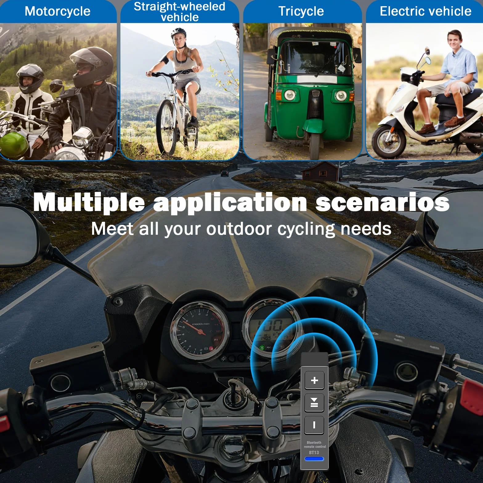 Pilot zdalnego sterowania do kierownicy motocyklowej, BT13 V5.0 Sterowanie przyciskiem kierownicy motocykla, bezprzewodowy pilot zdalnego sterowania Bluetooth do smartfonów (15 M)