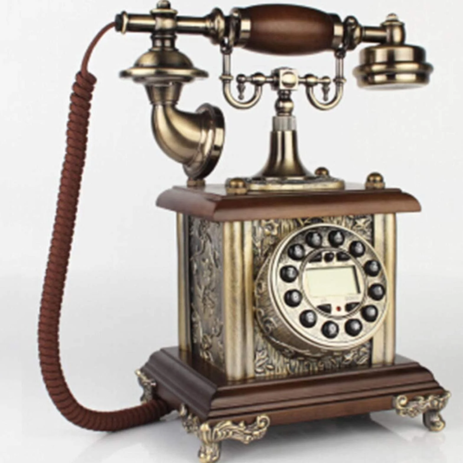 Przewodowy telefon stacjonarny w stylu retro – klasyczny vintage staromodny stół biurkowy w stylu obrotowym biuro domowe biuro spiralny przewód słuchawka z wybieraniem przycisków, standardowy telefon