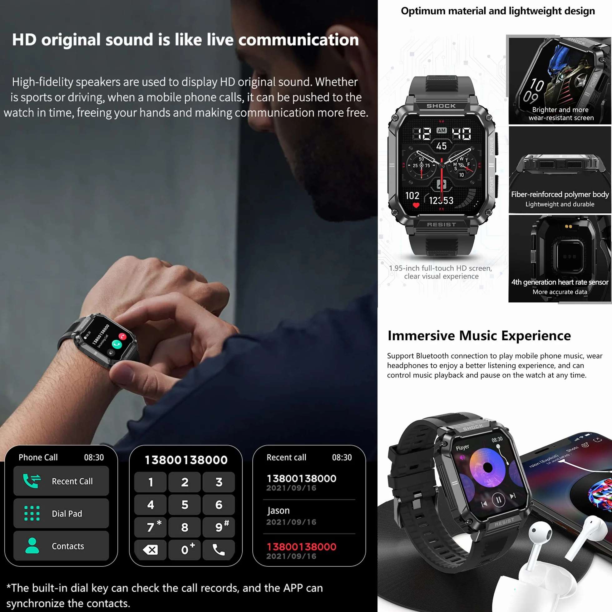 Smartwatch Męski Inteligentny Zegarek Który Może Wykonywać i Odbierać Połączenia 1,95” Fitness Tracker 123 Sportowych Wodoodpornością 5ATM Asystent Głosowy AI dla telefonów z Android iOS (czarny)