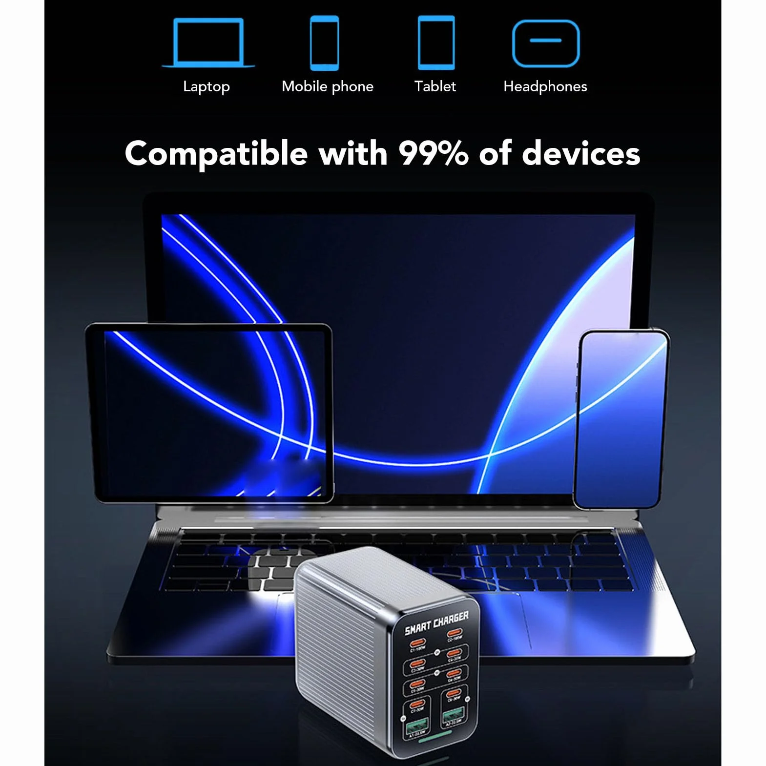 Cryfokt Stacja ładująca PD QC, Koncentrator Szybkiego ładowania 200 W, Technologia GaN, ładowarka Biurkowa 10 W 1, 2 Porty QC3.0/8 PD, 6-portowa ładowarka ścienna PD z Przewodem o (wtyczka UE)