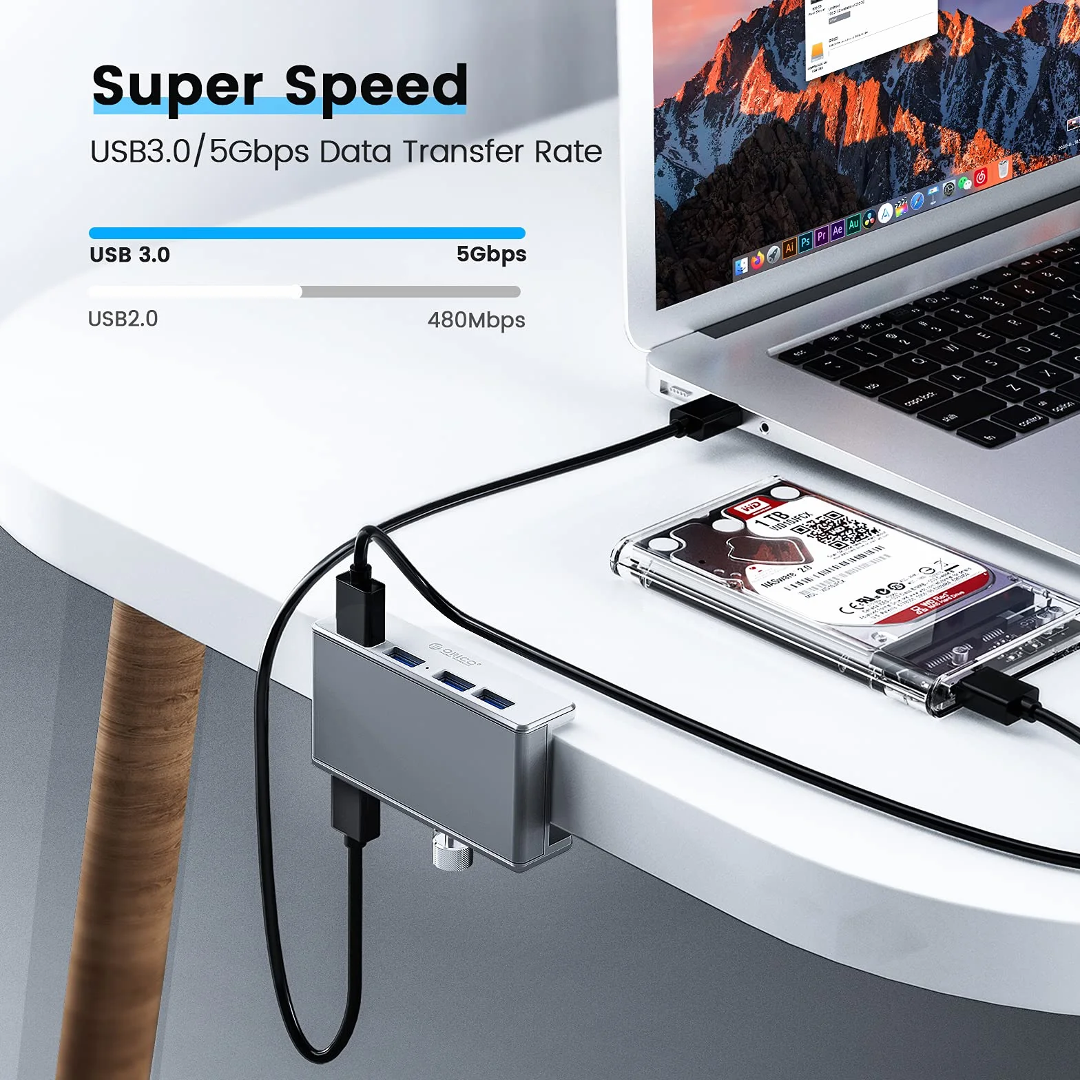 ORICO Adapter zaciskowy koncentratora USB 3.0, aluminiowy 4-portowy rozdzielacz USB z dodatkowym portem zasilania i kablem danych USB 4,92 FT, ultra-przenośny rozszerzacz USB do 2021 iMac/laptop/PC