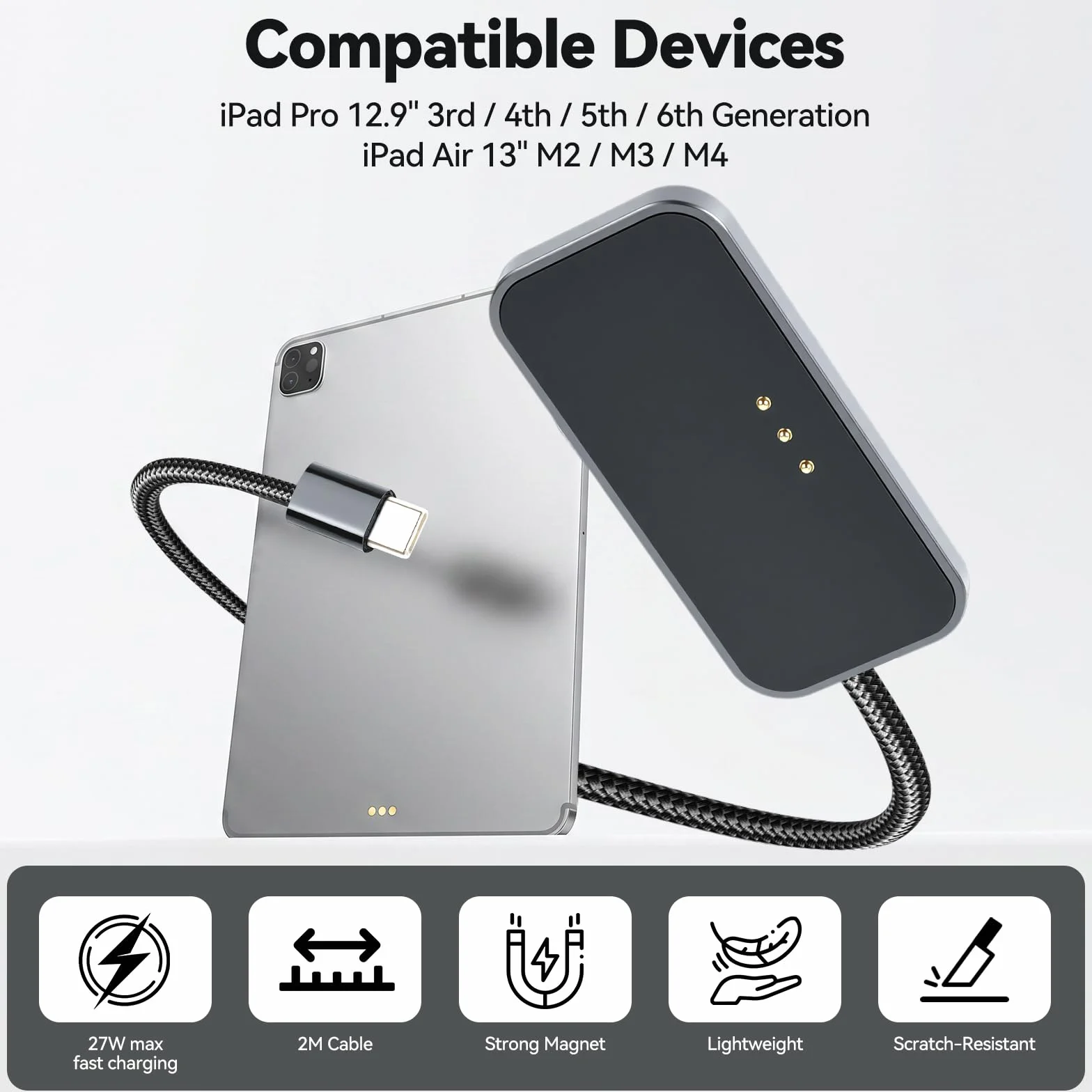 ELUTENG Magnetyczna ładowarka bezprzewodowa, 27 W, szybka ładowarka do iPada | Lekka, magnetyczna podkładka ładująca z kablem USB-C 2 m, kompatybilna z iPad Pro 12,9" (3-6 generacji) iPad Air 13" M2/M3/M4