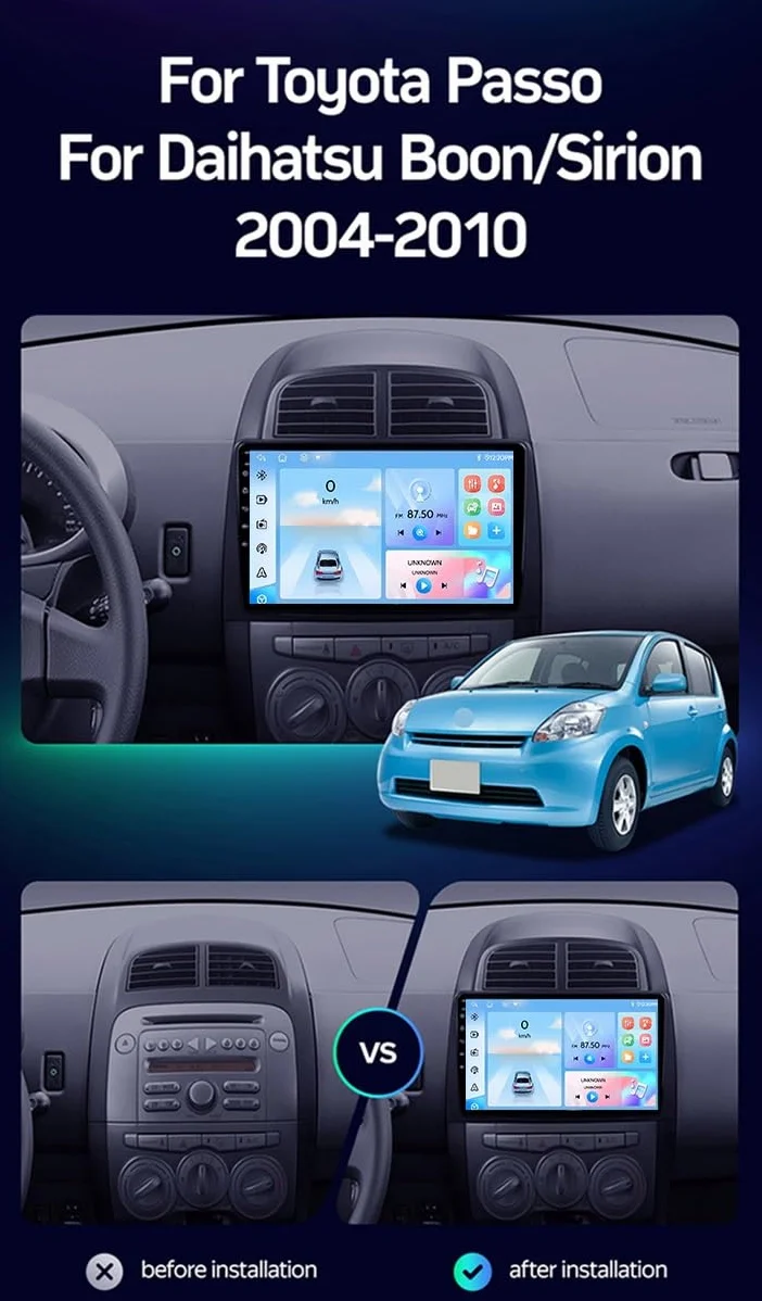 Radio samochodowe do Toyoty Passo XC10 2004-2010 Android CarPlay z 9-calowym ekranem dotykowym, 1280 × 720, radio samochodowe, SWC, Bluetooth 5.0, FM AM RDS, DSP, Wi-Fi, 4GLTE, GPS, ADAS DVR
