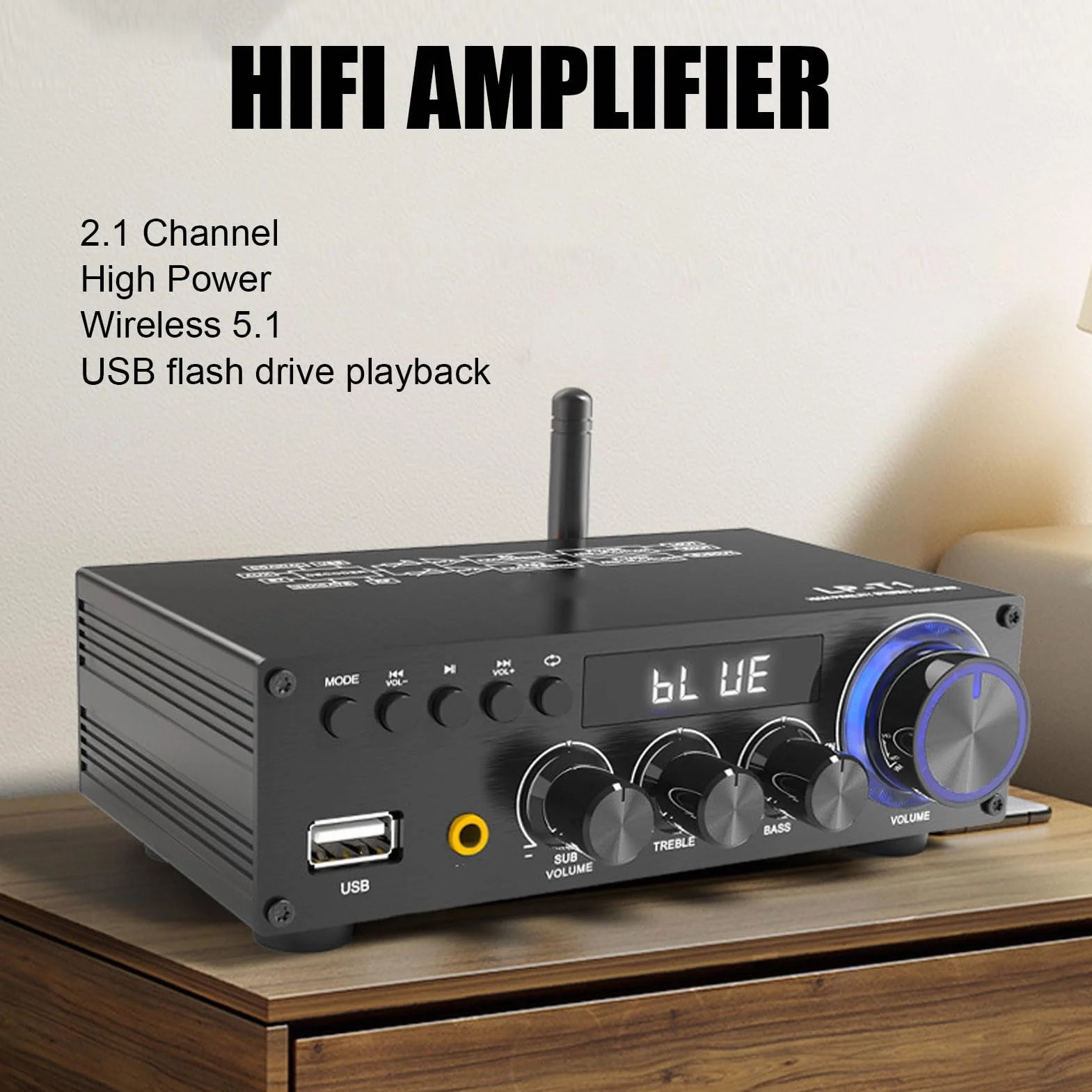 LICAEVEY 2.1 MHE Bluetooth 5.1 Mini Stereo Wzmacniacz z Wyjściem Subwoofera, 30wx2 + 60w Kompaktowy Audio Audio do Kina Domowego i Głośników Pasywnych z Zdalnym (wtyczka UE)
