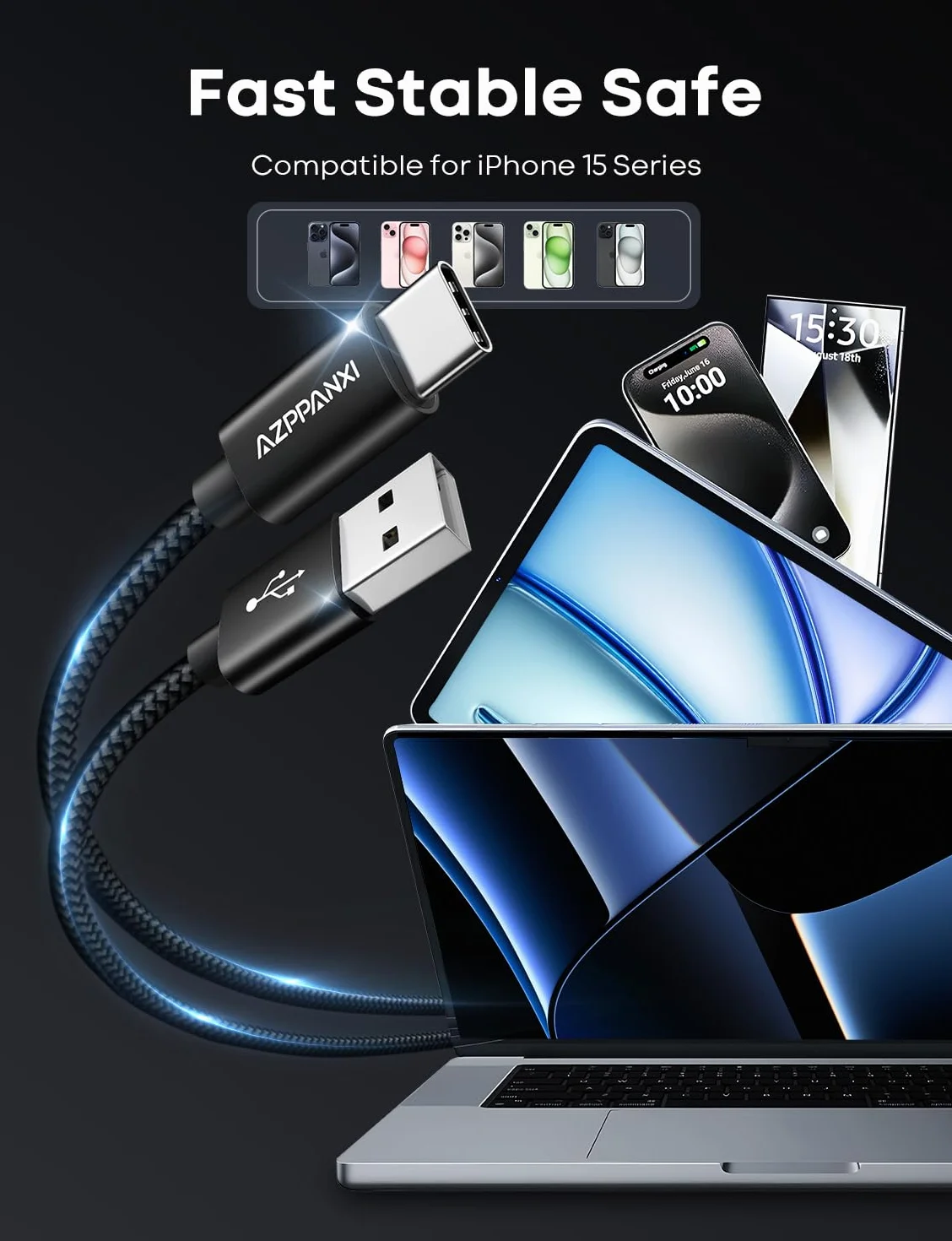 Długi kabel USB C o długości 6,1 m, trwały podwójny pleciony nylon, kabel USB A do USB C, kabel do szybkiego ładowania, kompatybilny z iPhone 15 Pro Max, Samsung Galaxy Moto LG i innymi urządzeniami