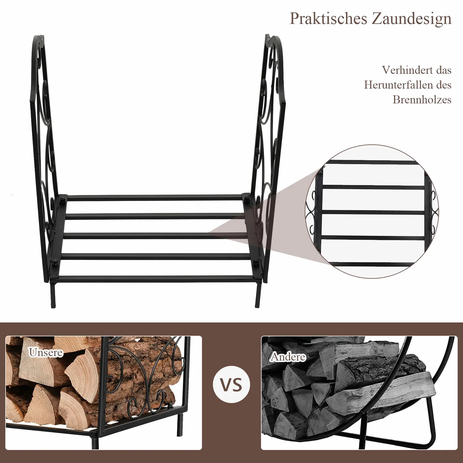COSTWAY Regał na drewno kominkowe z metalu, regał na drewno opałowe, wytrzymuje do 60 kg, regał na walizki drewniane, stojak na drewno kominkowe 45x32x40 cm