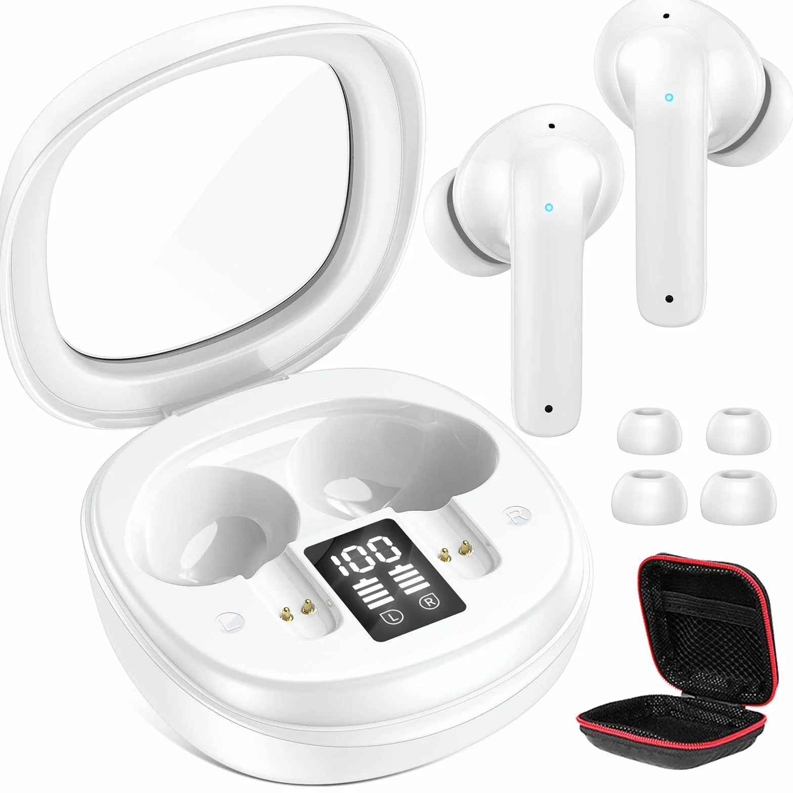 iMangoo Bezprzewodowe słuchawki douszne Bluetooth 5.3 z wyświetlaczem LED 50 godzin ENC | Słuchawki bezprzewodowe USB C z mikrofonem ENC do iPhone 17 Pro Max 14 13 pikseli 10a 9a do Samsung A17 A26 A57 A37 A56