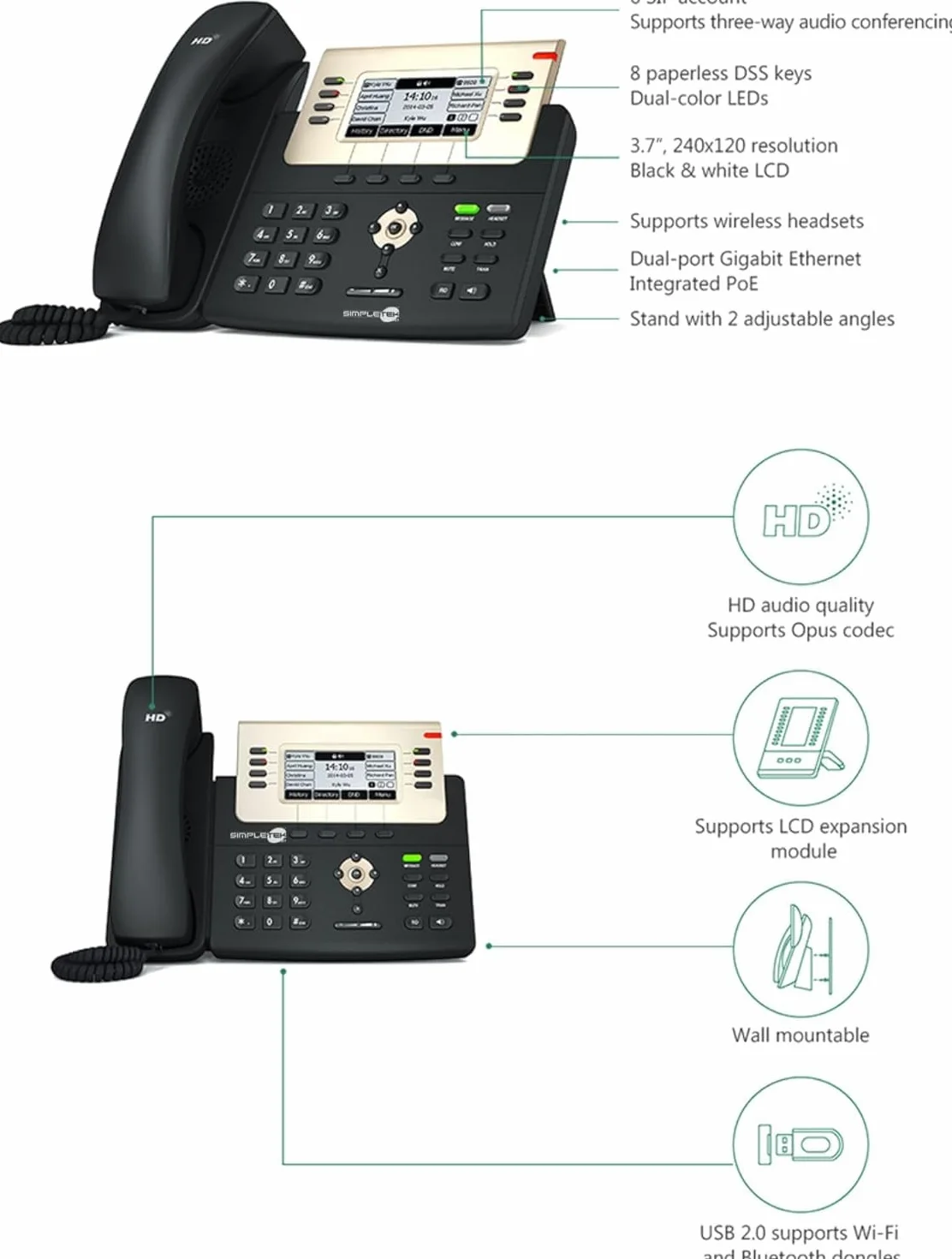 SIMPLETEK - Profesjonalny telefon IP VoIP PoE | 6 kont SIP | Audio HD, 2 x Gigabit Ethernet, podświetlany wyświetlacz