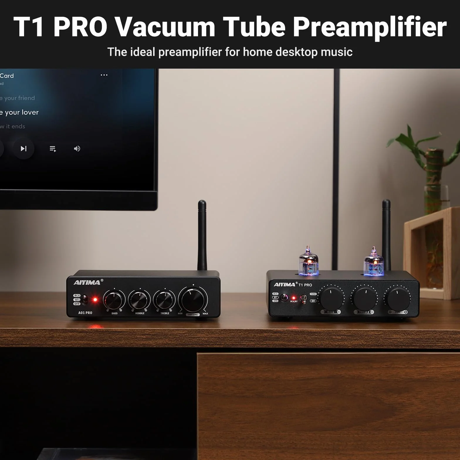 AIYIMA T1PRO przedwzmacniacz lampowy domowy przedwzmacniacz audio mini próżniowy przedwzmacniacz odbiornik Bluetooth 5.1 QCC3040 APTX-HD z kontrolami tonów wysokich tonów i wyjściem wyzwalającym 12 V