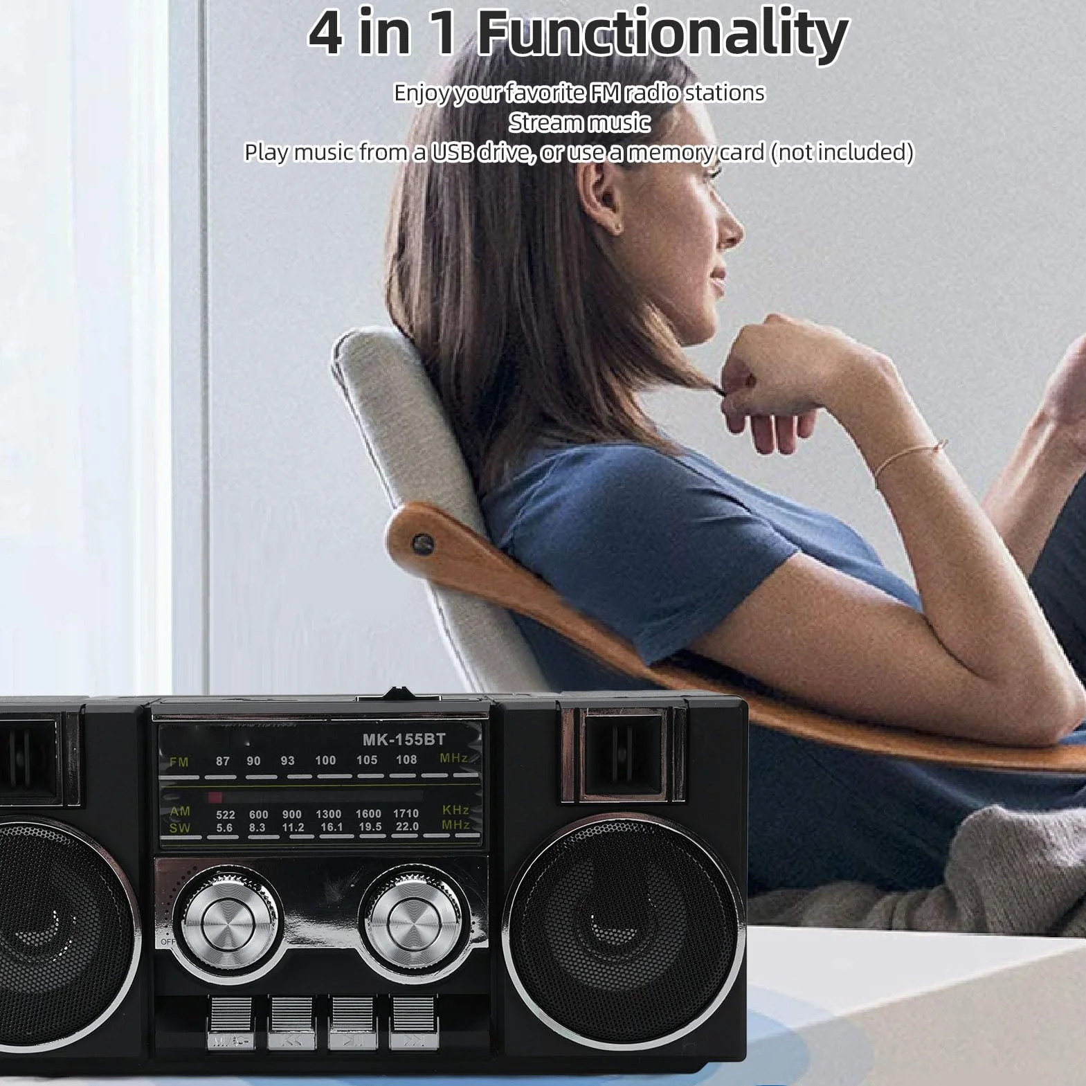 Przenośne AM FM SW Radio, Radio Zasilane baterią z Głośnikiem Bluetooth, Granie Karty Pamięci/USB dla Seniorów (BLACK)