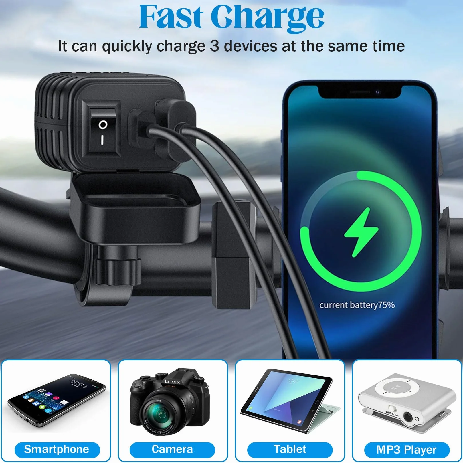 Idota Motocyklowe gniazdo USB Multi kabel USB adapter szybkozłączki | Wodoszczelna ładowarka z włącznikiem/wyłącznikiem i funkcją Quick Charge typu C do motocykli i kamperów