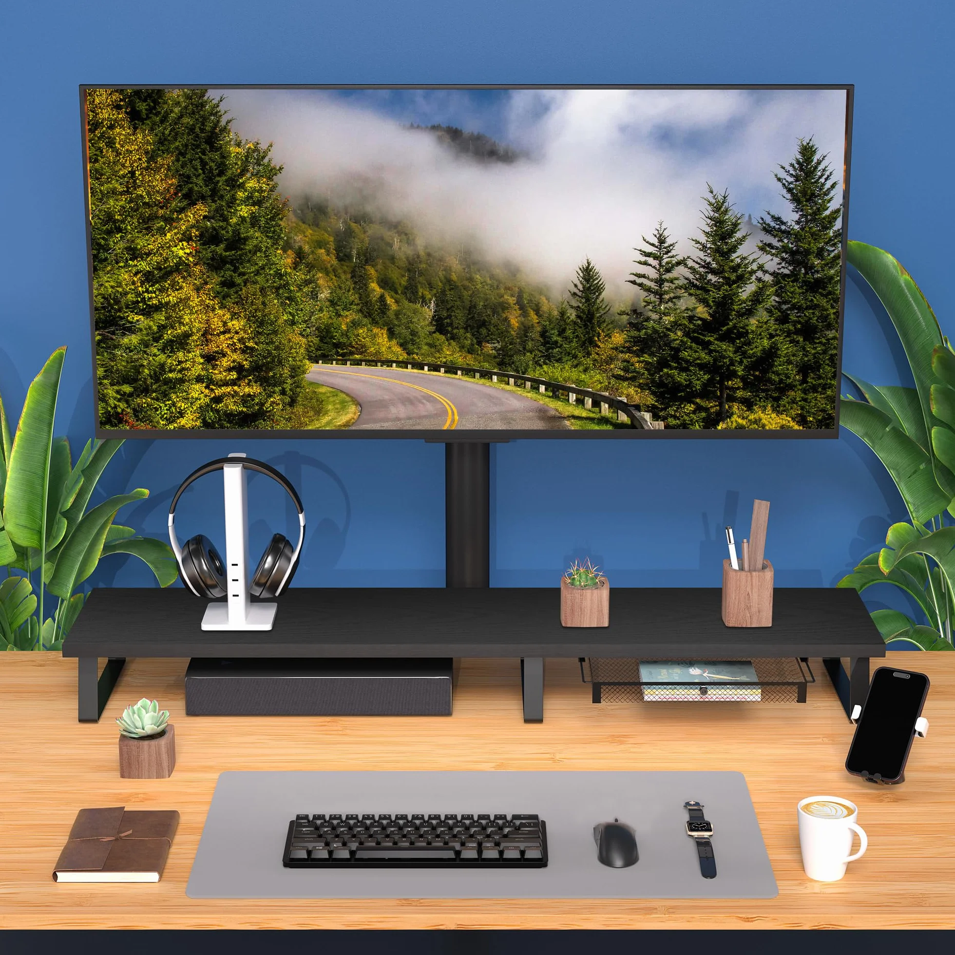 Aothia Duży podwójny stojak na 2 monitor - stojak z szufladą, półka na biurko, do komputera