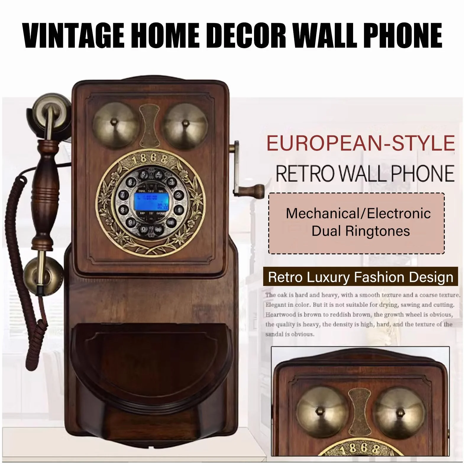 Telefon Zabytkowy, Telefony Stacjonarne Montowane Na Ścianie, Telefon Retro W Stylu Retro Z Mechanicznym Dzwonkiem I Funkcją Ponownego Wybierania Numeru, Telefony Stacjonarne Przewodowe, Ozdoba Do Do