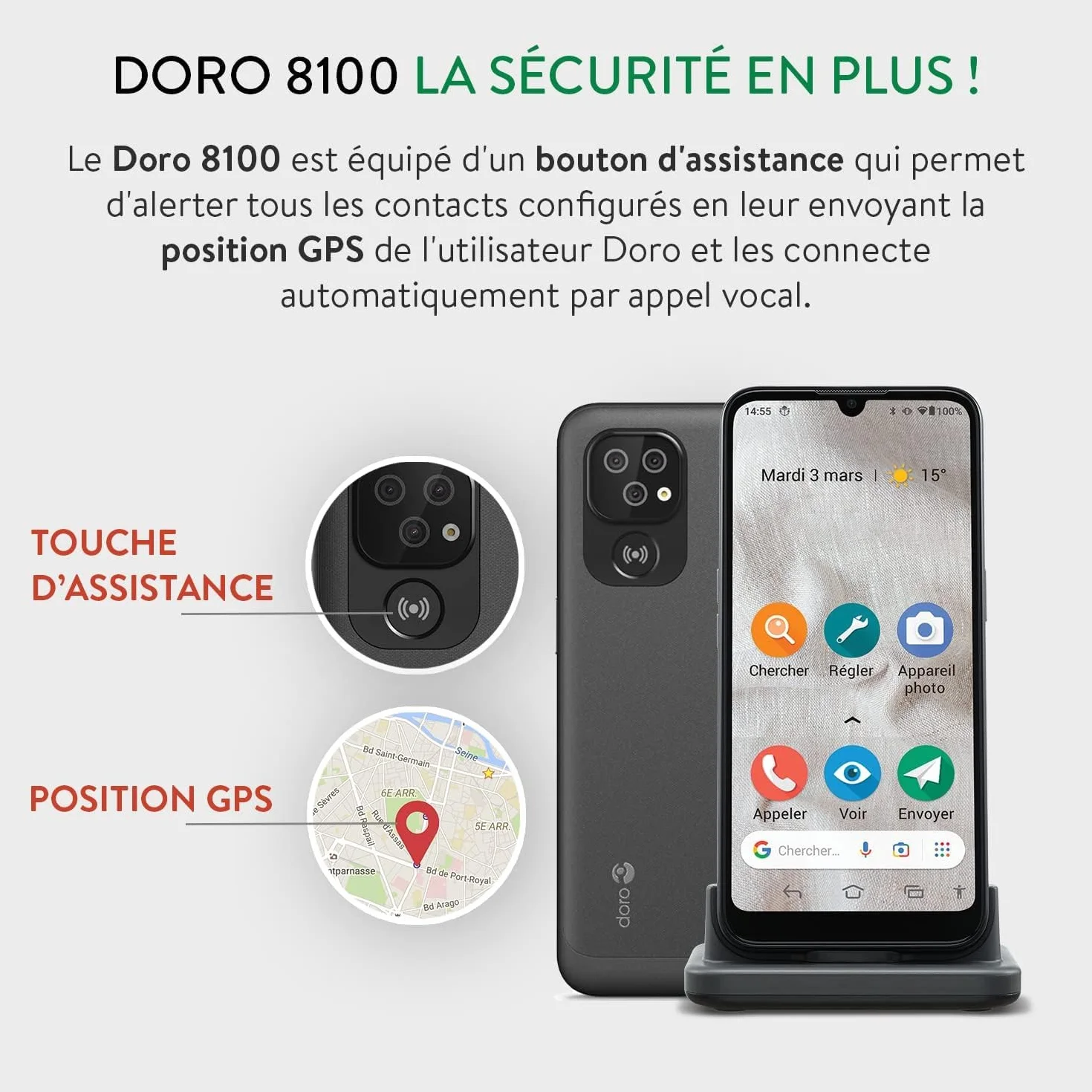 Doro 8100 Plus 4G Odblokowany smartfon dla seniorów, wodoodporny, z potrójnym aparatem, ekranem 6,1", GPS, rozpoznawaniem twarzy, podstawką do ładowarki i etui (czarny)
