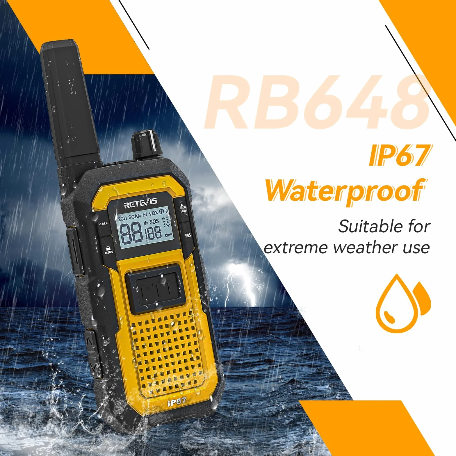 Retevis RB648 Walkie Talkie, Wodoodporne Krótkofalówki IP67, Podwójny Przycisk PTT, Wibracje SOS, 2000 mAh Typ C, Wytrzymałe Walkie-Talkie ze Słuchawką na plac Budowy (4 Szt, Żółty)