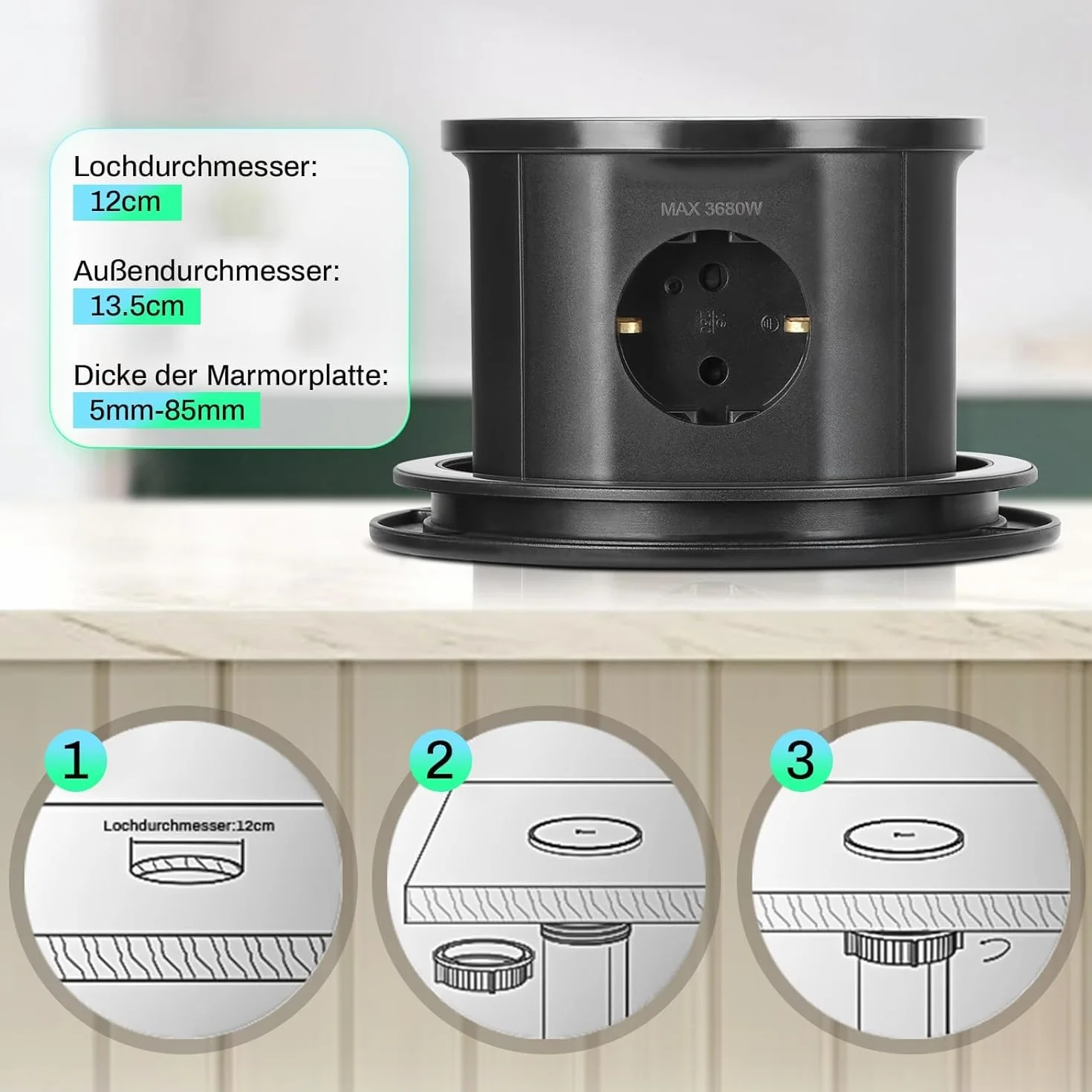 Bezprzewodowa ładowarka 15 W, 3 gniazda, maks. 3680 W/16 A, 2 gniazda USB-A, automatyczne opuszczane gniazdko stołowe, aluminiowe gniazdko stołowe z kablem 1,8 m, gniazdo do zabudowy, do blatu, biura,
