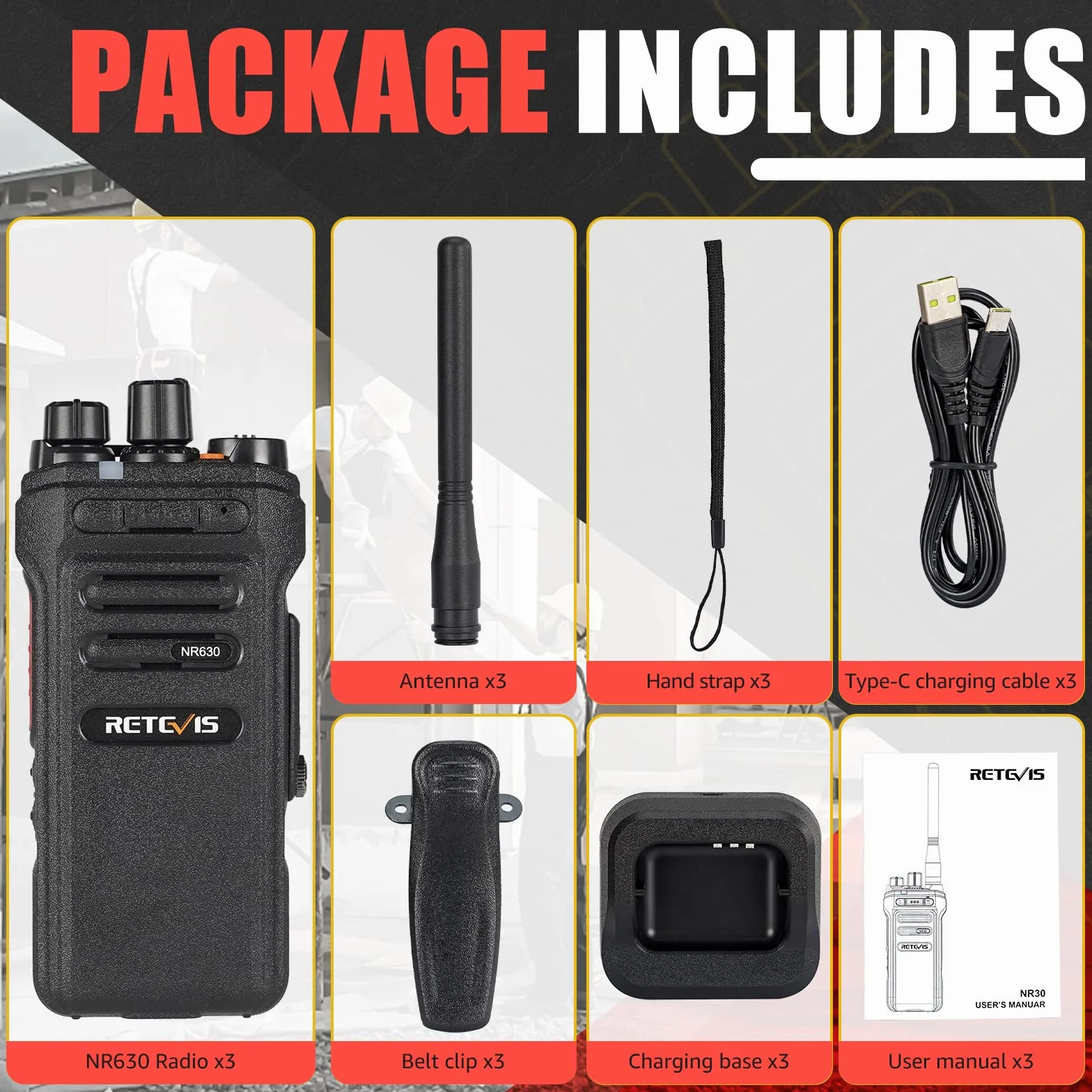 Retvis NR630 Walkie Talkie dla Dorosłych, Długi Zasięg, IP67 Waterproof 2 -Way Radio, Anulowanie Szumów, Połączenie Grupowe, 2800 mAh Walkie Talkie na Plac Budowy, Wykonawca (czarny, 3PC)