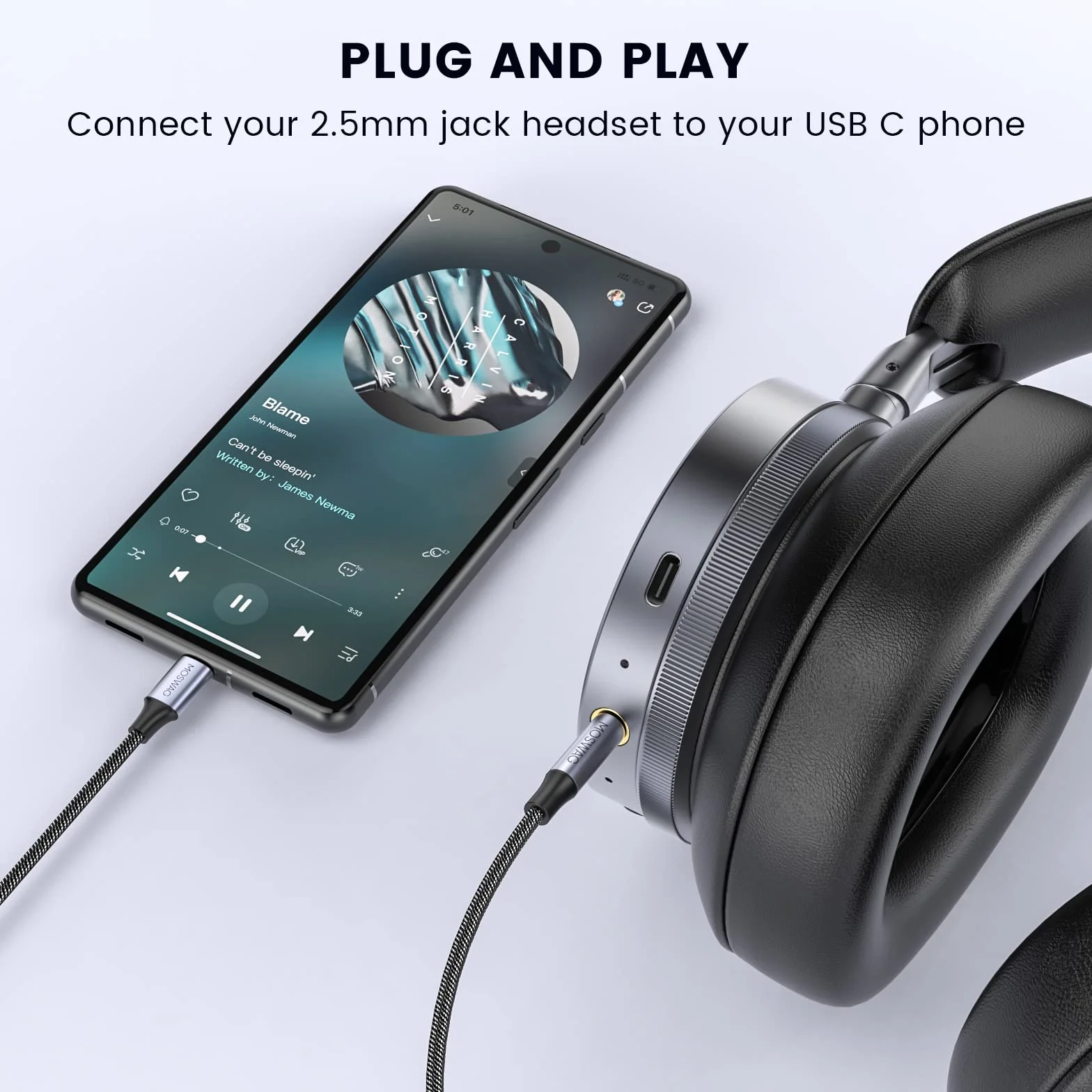 MOSWAG Kabel audio USB C na 2,5 mm, USB C na 2,5 mm, przedłużacz do słuchawek Bose QuietComfort SE, QCSE, QC45, QC35 II, QC35, QC25 i innych słuchawek
