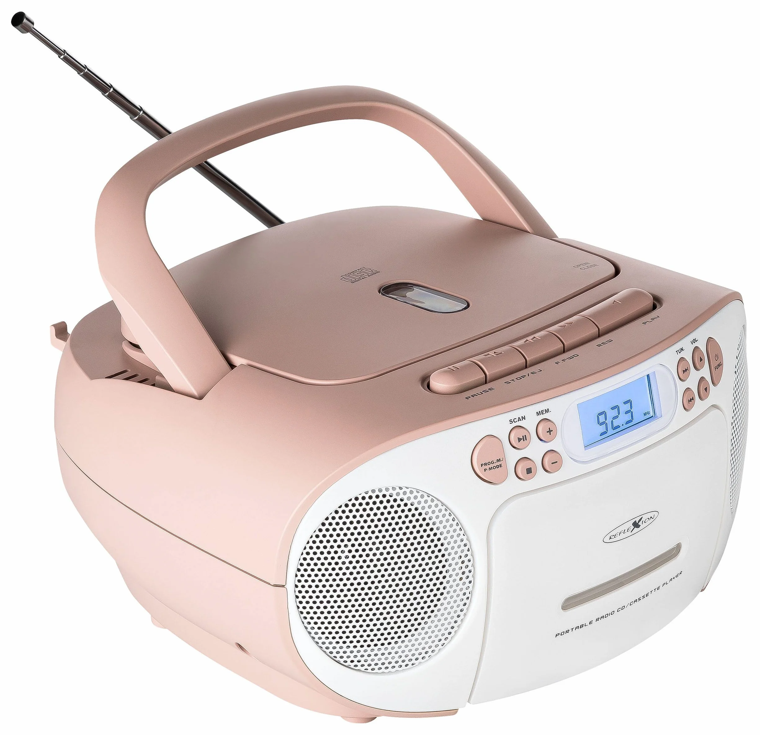 Reflexion RCR2260 odtwarzacz CD z kasetą i radiem do zasilania sieciowego i bateryjnego (radio PLL FM, wyświetlacz LCD, wejście AUX, złącze słuchawkowe), biały/różowy