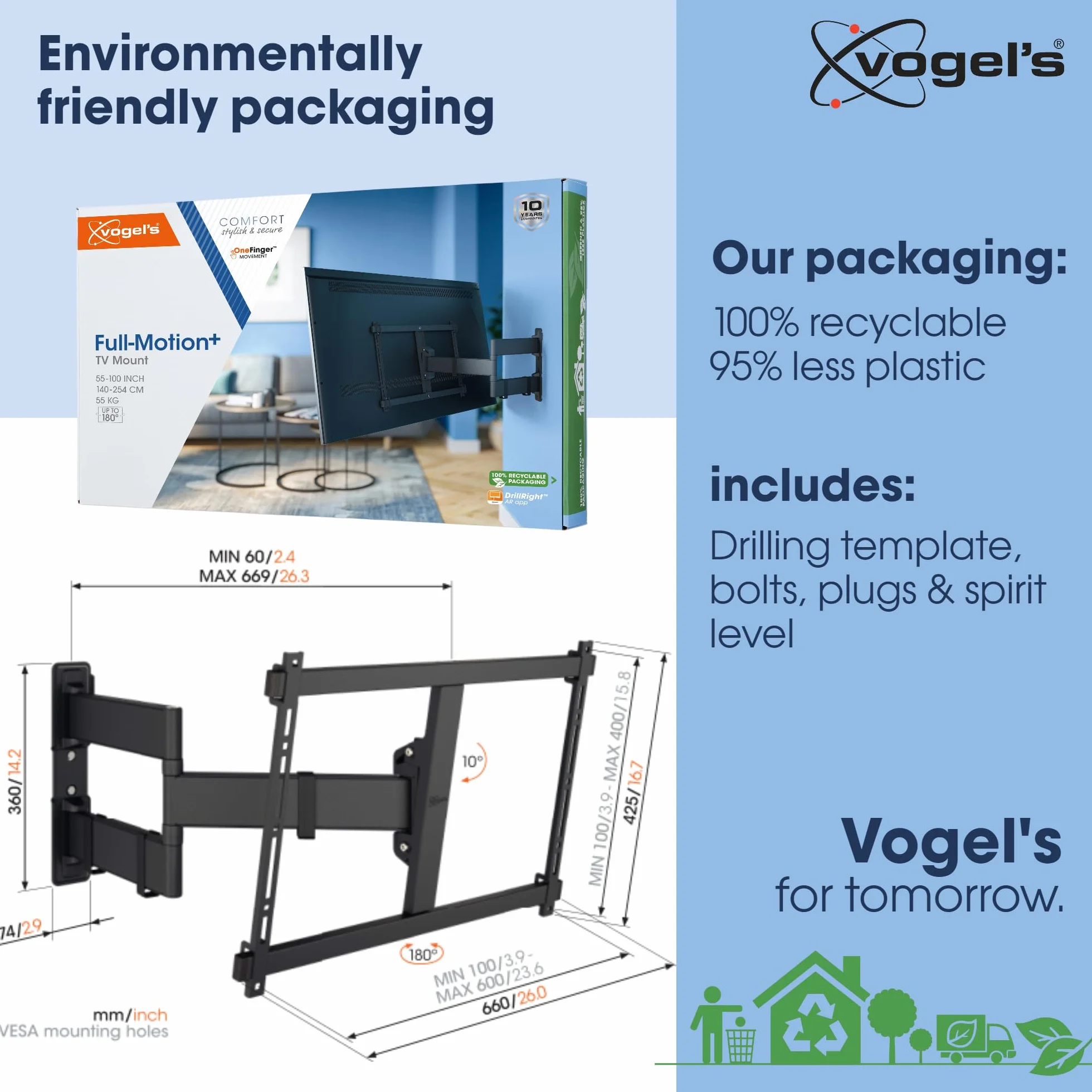 Vogel's Comfort TVM 3845 wysokiej jakości obrotowy uchwyt ścienny do telewizorów o przekątnej ekranu do 100 cali | do 55 kg | certyfikat TÜV | wychylny do 180° | Max VESA 600 x 400 | uniwersalna