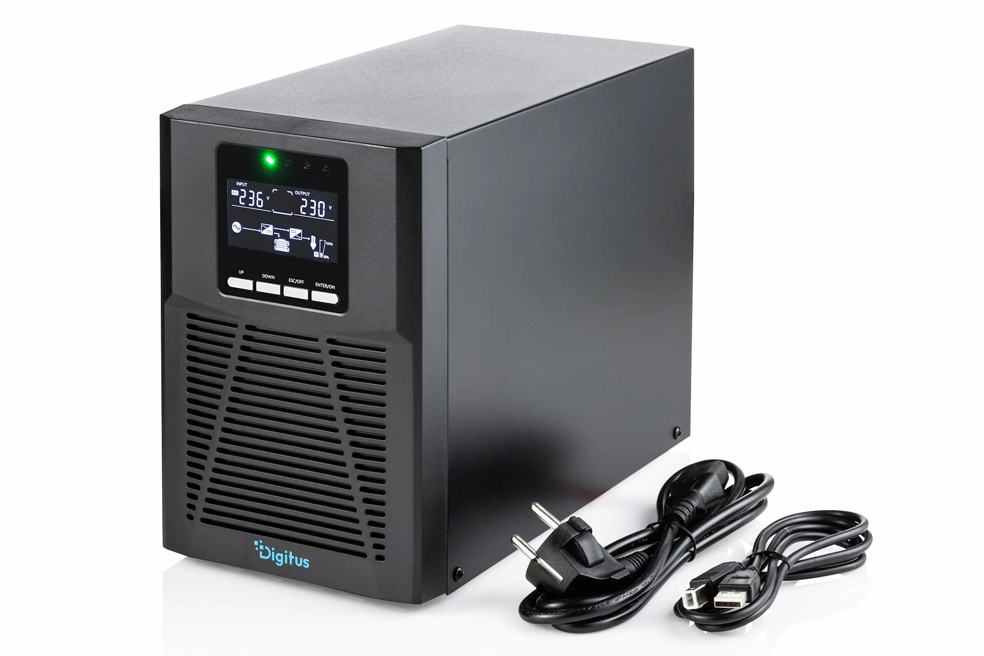 DIGITUS Zasilacz awaryjny – system UPS typu online – 1 kVA 1 kW – 4 gniazda IEC C13 – współczynnik mocy 1,0 – oprogramowanie UPS – porty RS232, RJ45 i USB – obudowa typu tower – czarny