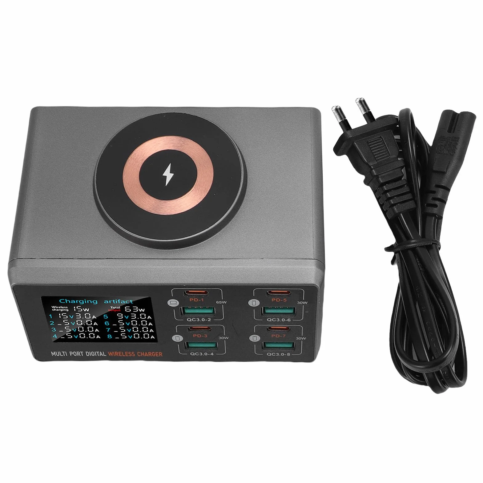 140 W Stacja ładująca, 8 Portowa ładowarka USB C z 15W bezprzewodową ładowarką, Adapter Zasilający PD + Wtyczka ścienna QC dla Telefonów, Zegarek (wtyczka UE)