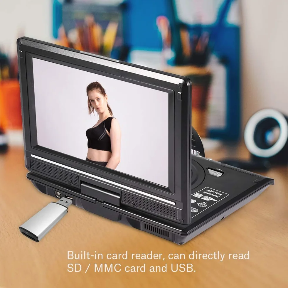 Odtwarzacz DVD, przenośny 9-calowy odtwarzacz DVD z panoramicznym ekranem LCD obracanym o 270 ° Odtwarzacz DVD wideo Odtwarzacz wideo FM SD USB AV CD VCD (wtyczka UE 110-240 V)