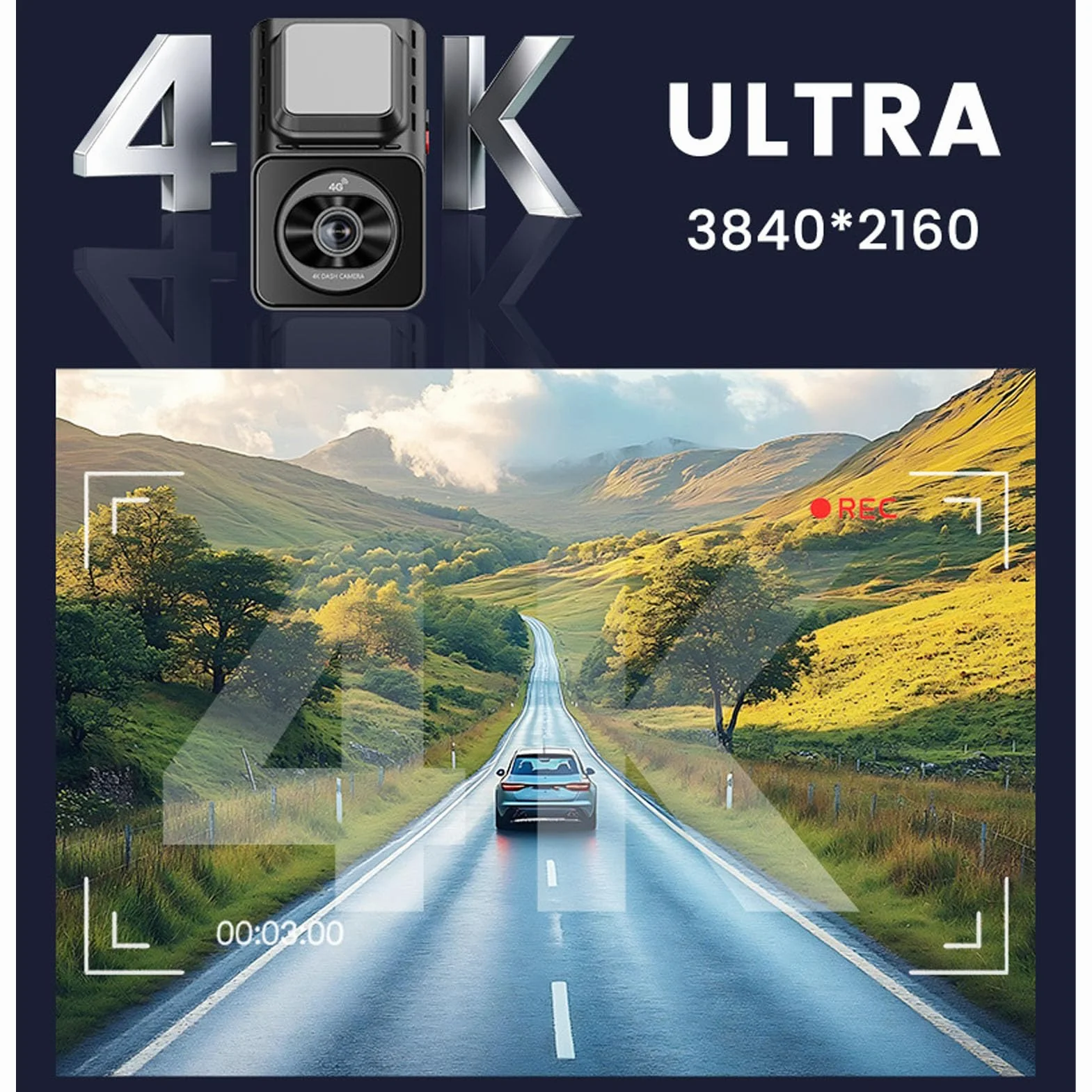 Denash Kamera Samochodowa 4K, Szerokokątna Kamera Cofania 140° WiFi 4G z Alertami Bezpieczeństwa BSD i ADAS, do Rejestratora Jazdy Samochodowej