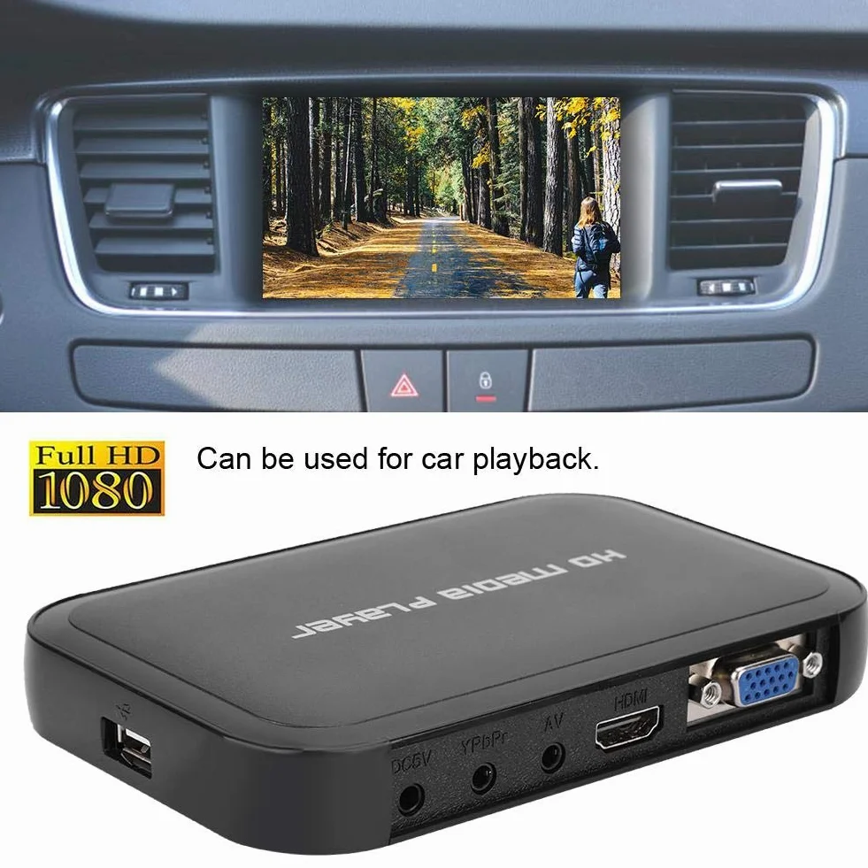 Odtwarzacz multimedialny Full HD HDMI Media Player obsługuje 1080P, kompatybilny z VGA AV USB SD MMC, video/foto/muzyką do RCT TV, monitorów, samochodów