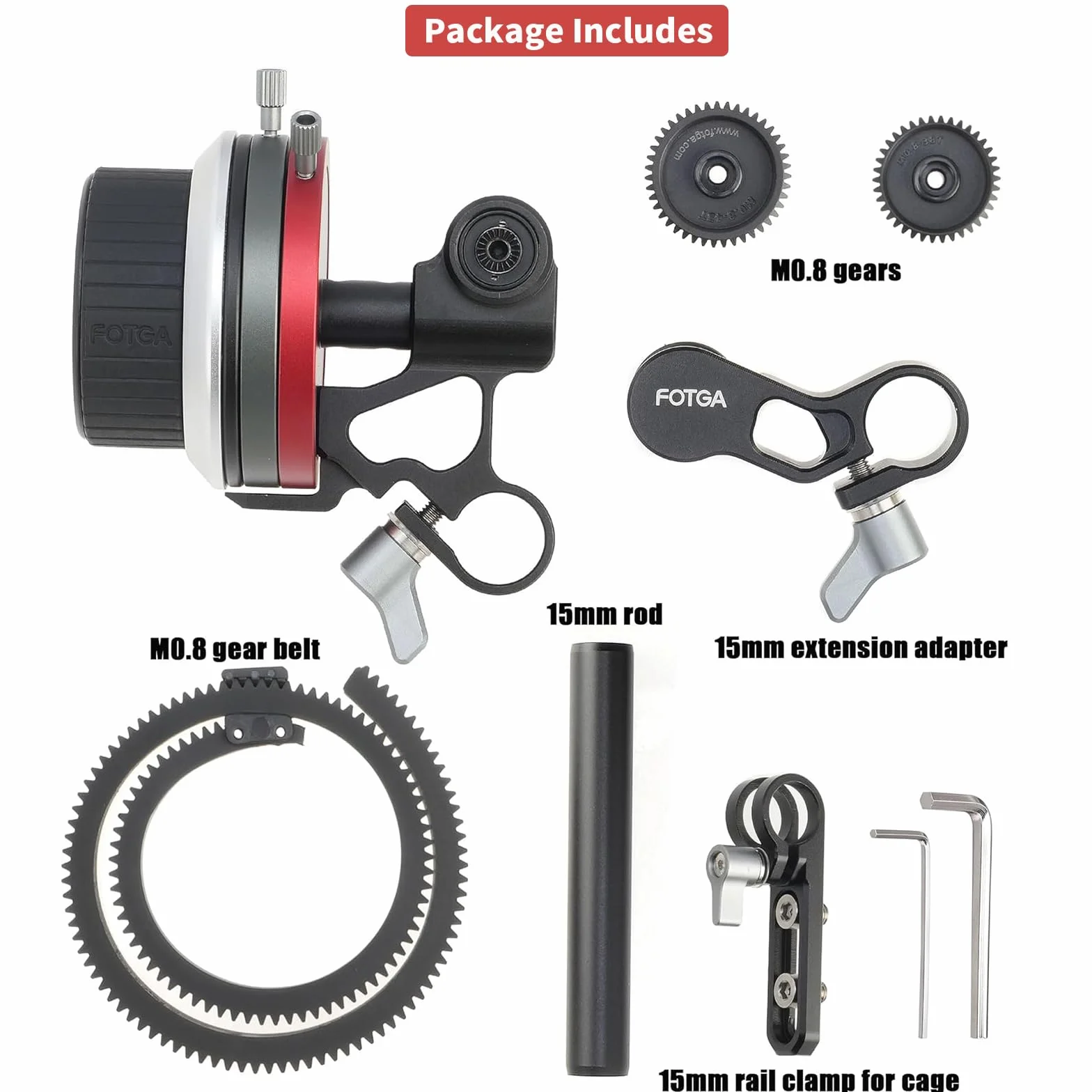 FOTGA Mini Follow Focus z ogranicznikami A/B i zaciskiem pręta 15 mm, pasek pierścienia zębatego i zestaw ramienia przedłużającego do lustrzanek cyfrowych/aparatu bezlusterkowego, zestawu klatek na