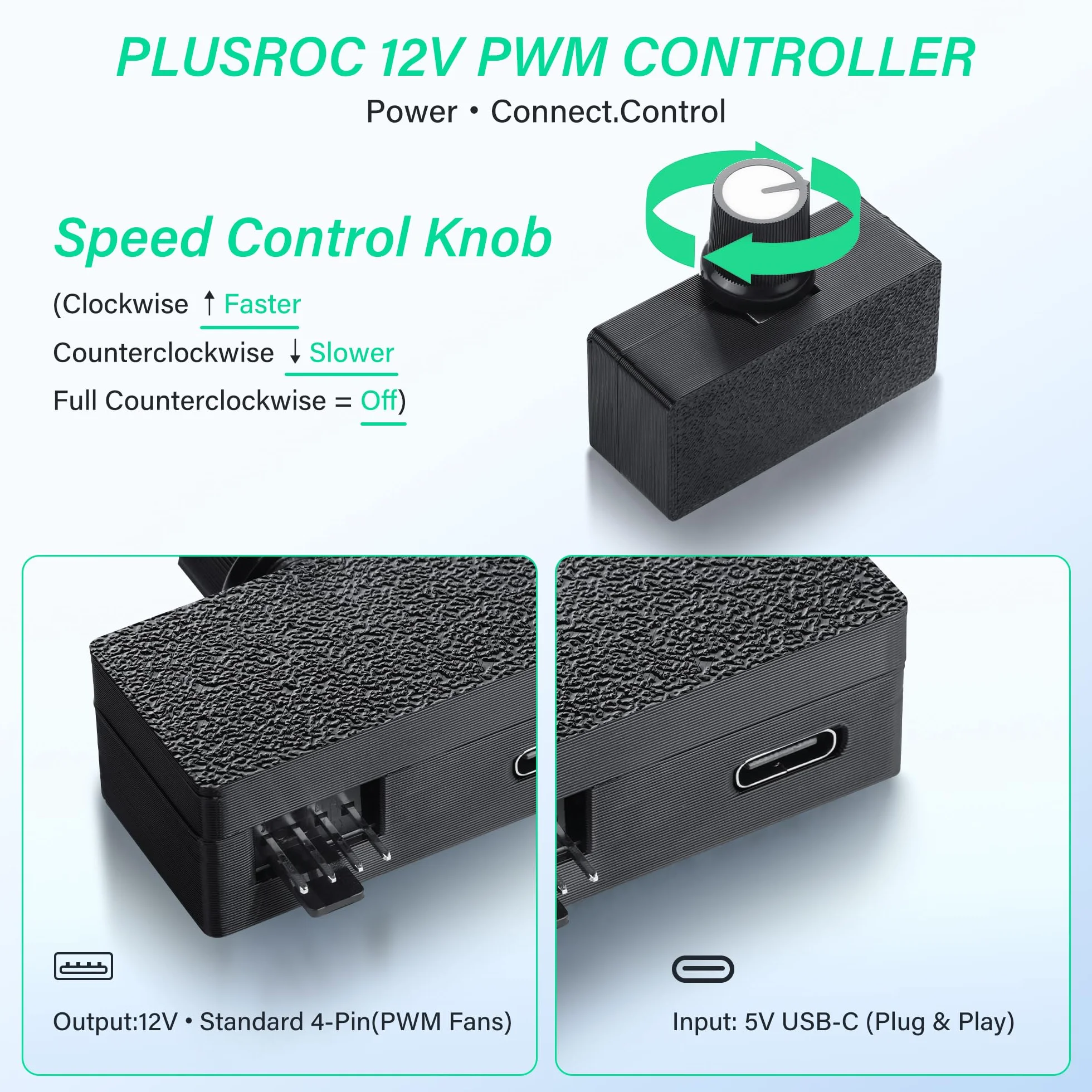 SinLoon 8 W 4-pinowy kontroler wentylatora PWM, z 4-pinowym koncentratorem wentylatora 1/5 i kablem zasilającym typu C i pokrętłem regulacji prędkości, wbudowany kabel przedłużający wentylator