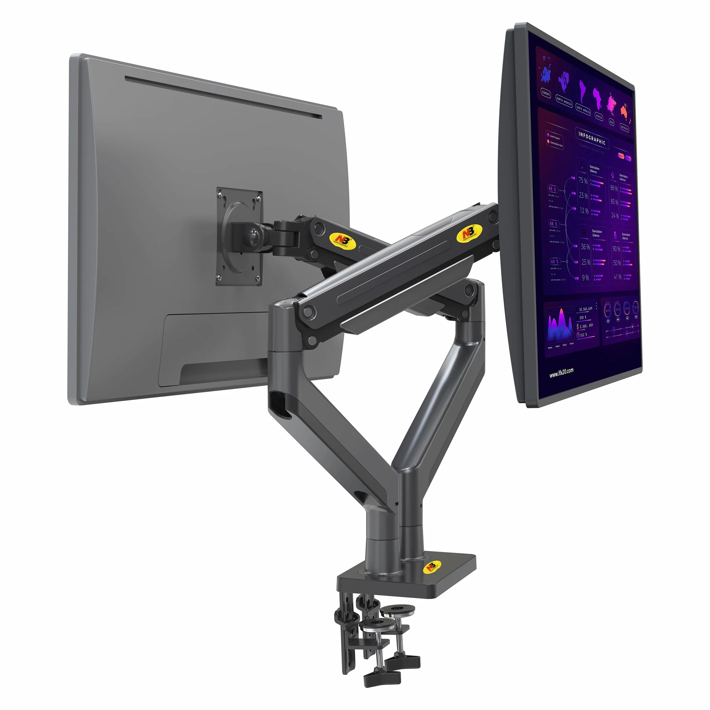 Solidny obrotowy uchwyt biurkowy na sprężynie gazowej do dwóch monitorów LCD LED 22-32 cali, VESA max. 100 x 100 mm, udźwig do 15 kg