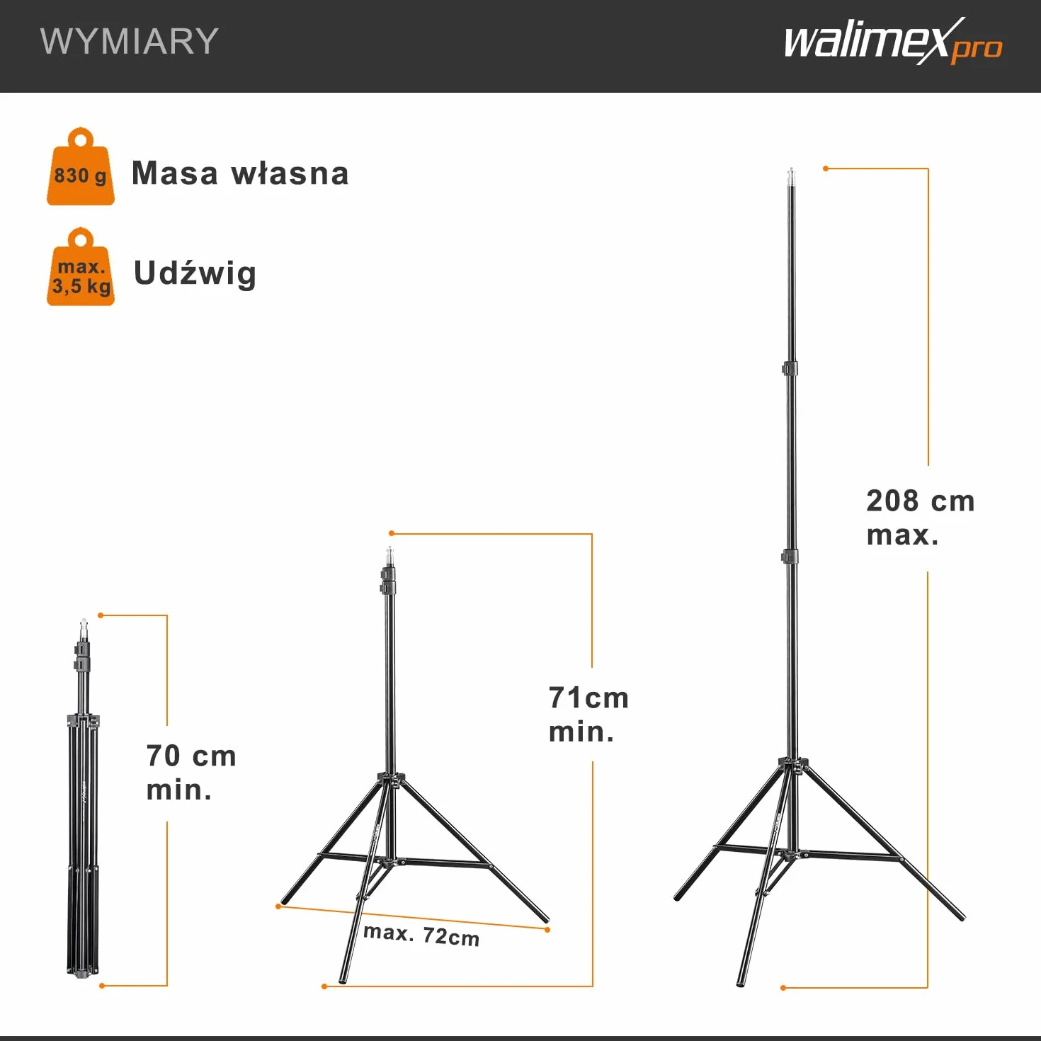 Walimex pro WT-803 Statyw do lamp 208 cm - kompaktowy, lekki statyw oświetleniowy wykonany z aluminium, maks. wysokość 208 cm, maks. obciążenie 3,5 kg do studia fotograficznego