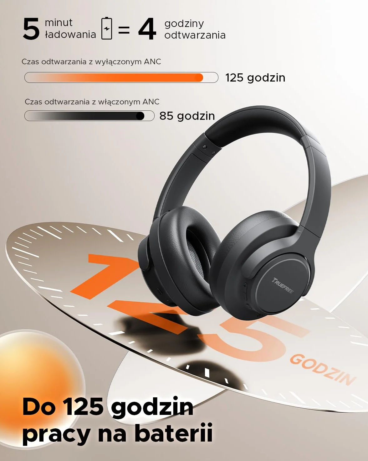Truefree HF-10 nauszne słuchawki Bluetooth ze sterownikiem 40 mm, ANC -45 dB, dźwięk przestrzenny, akumulator 125 h, mikrofon AI, aplikacja, tryb gier, składany, USB-C, AUX, zestaw słuchawkowy z