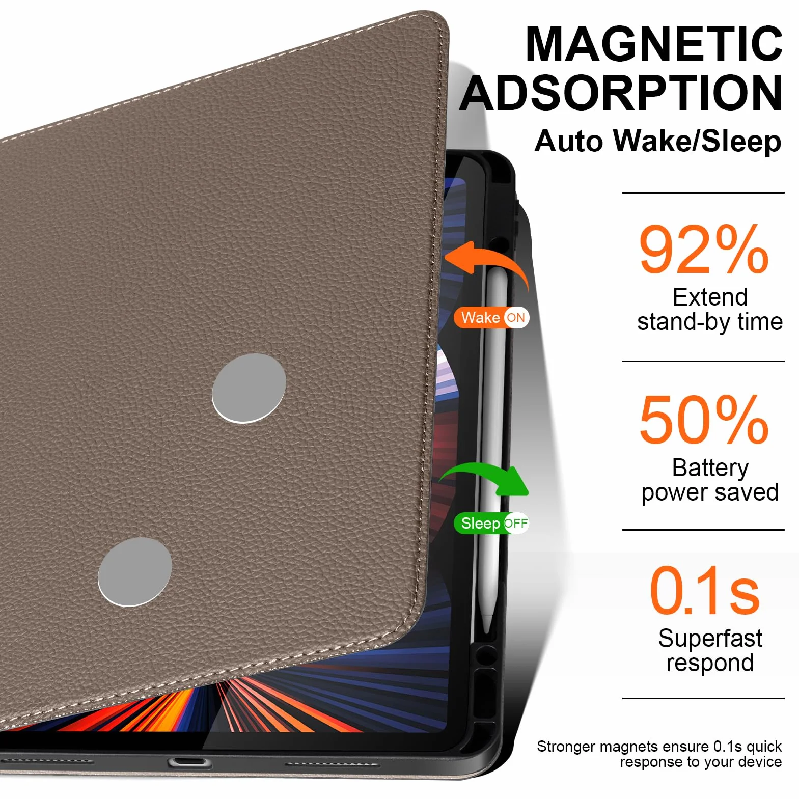 Etui do iPada Pro 12,9 (2018-2022), skórzany stojak folio z gniazdem na ołówek, automatyczne budzenie/uśpienie, wielokątne - szaro-brązowy