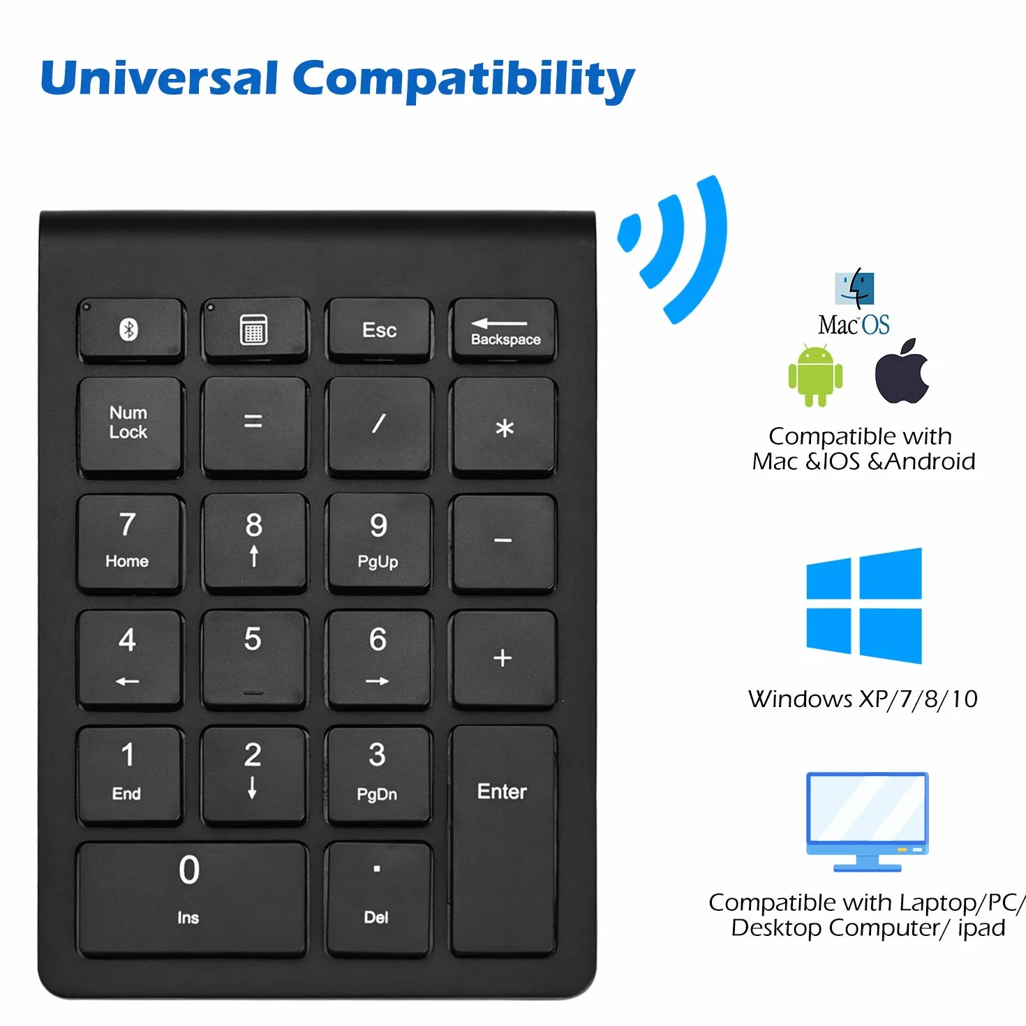 Bezprzewodowa klawiatura numeryczna, Podazz Bluetooth podkładka numerowa przenośna 22 klawisze wielofunkcyjne zewnętrzne rozszerzenie klawiatury do laptopa, tabletu, notebooka, PC, iMac, Android, iOS
