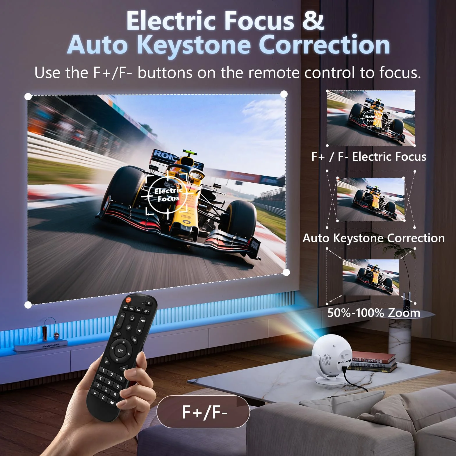 HOVVIDA Beamer 2025 przenośny projektor, elektryczna regulacja ostrości, kompatybilny z 4K 1080P, WiFi 6 Bluetooth 5.2, obrót o 360°, zintegrowana aplikacja, z kablem HDMI, kompatybilny z pendrivem