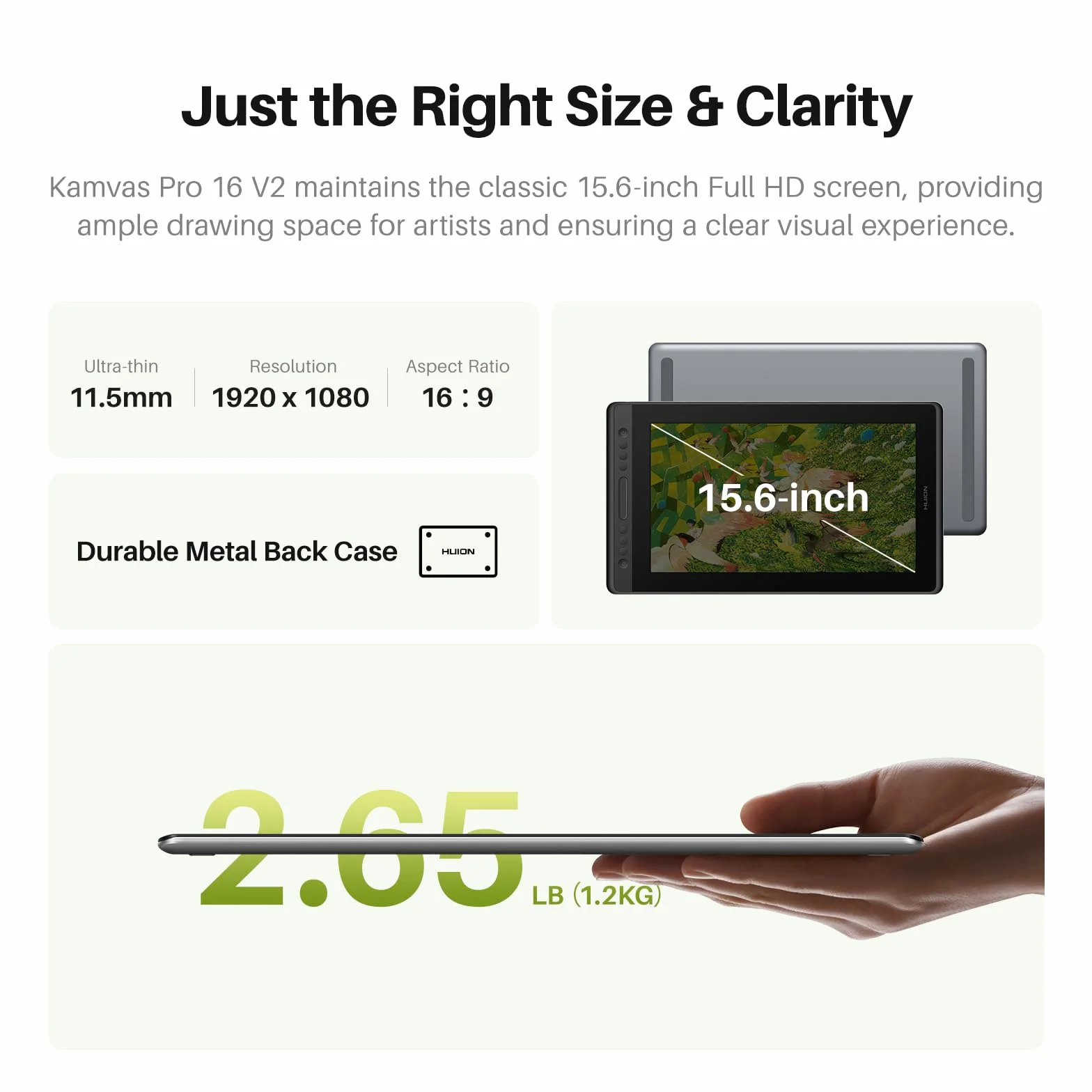 HUION Kamvas Pro 16 V2 tablet do rysowania z ekranem, 16K poziomów, PenTech 4.0, bez baterii, 15,6-calowy, w pełni laminowany, inteligentny pasek dotykowy i 6 klawiszy, artystyczny tablet