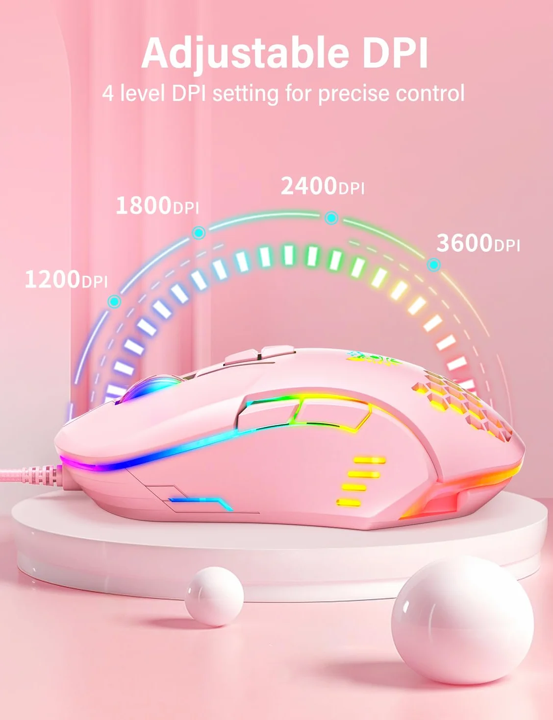 Przewodowa mysz USB, mysz komputerowa z oświetleniem RGB, 4 regulowane DPI, ergonomiczna optyczna mysz biurowa, 7 przycisków, przewodowa mysz do Windowsa, komputera, laptopa, komputera