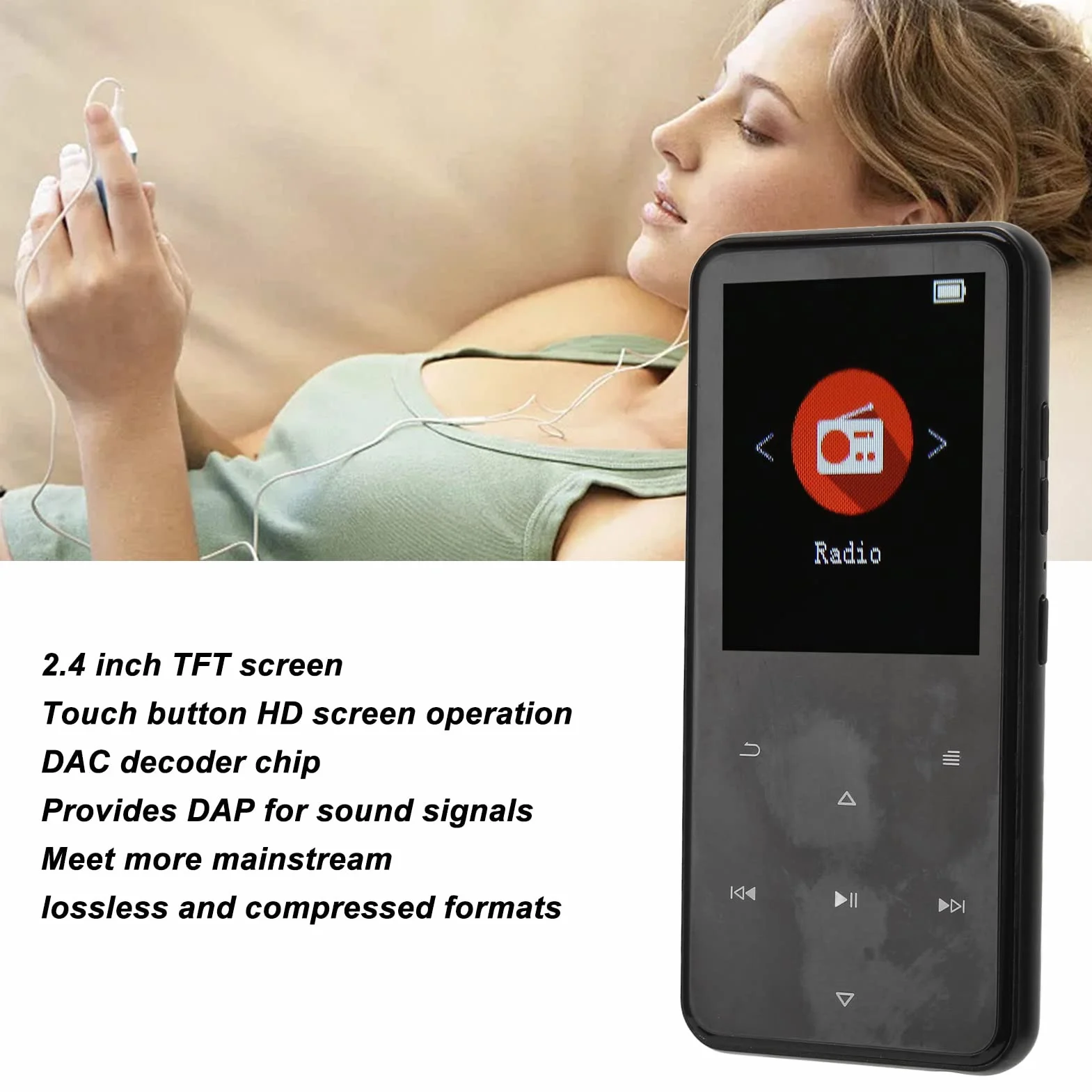 Odtwarzacz Muzyczny, Redukcja Szumów Gniazdo Wyjścia Liniowego Stereo 3,5 Mm Odtwarzacz Muzyczny MP3 Szybkie Nadawanie Radio FM 2,4-calowy Ekran TFT Układ Dekodujący DAC na Co