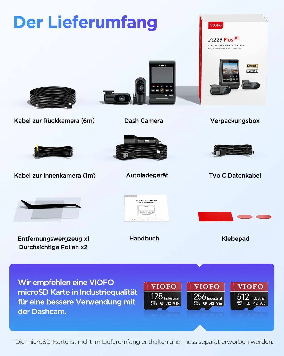 VIOFO A229 Plus 3 Lens 2K + 2K + 1080p, Dual STARVIS 2, HDR kamera samochodowa z przodu z tyłu, sterowanie głosem i 5 GHz Wi-Fi kamera samochodowa, ultraprecyzyjny GPS, super widoczność w nocy 2.0