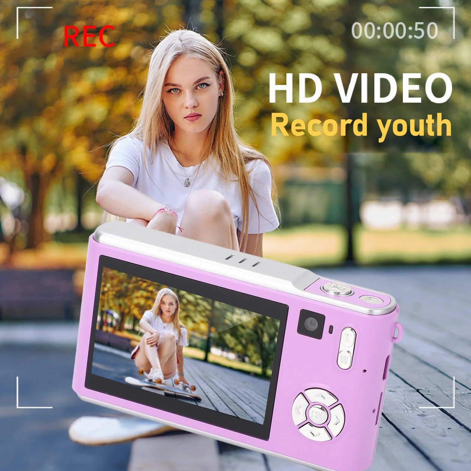 Cyfrowy Aparat Fotograficzny, Aparat do Vlogowania HD 36 MP i Rozdzielczości 1080 P z Podwójnym Aparatem, Kompaktowe Aparaty z automatyczną regulacją Ostrości i 3-calowymi (PURPLE)