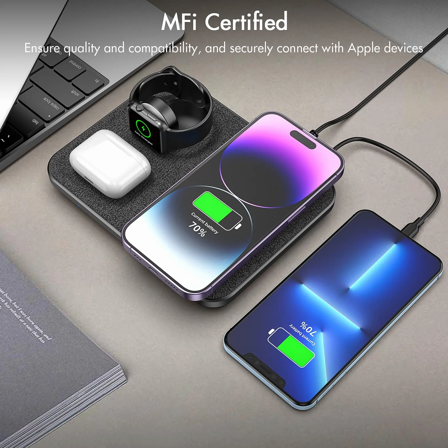 Mangotek Zamiennik dla bezprzewodowej ładowarki 3 w 1 Qi stacja ładująca ładowarka stacja dokująca z wyjściem USB C PD 18 W do Apple Watch i AirPods iPhone 13/12 Pro Max/11/SE/XS Max/XR/X/8/8Plus